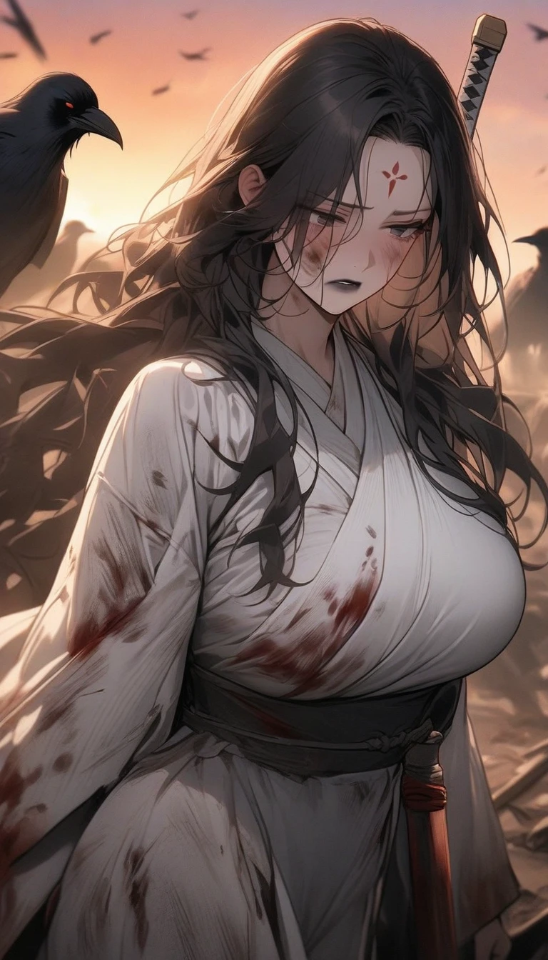 ((8k resolution))、((highest quality))、((masterpiece))、((Very detailed))((((dramatic))), (Anatomically correct)、The depth of the object to write、Looking at the camera、Captivating woman、front、Blindfold、lipstick、spit blood from the mouth、hair:Long Wave、Pale skin、Torn Kimono、Bloody、One dead tree、spooky、an  ominous、(theme、whole body:1.1), White Background