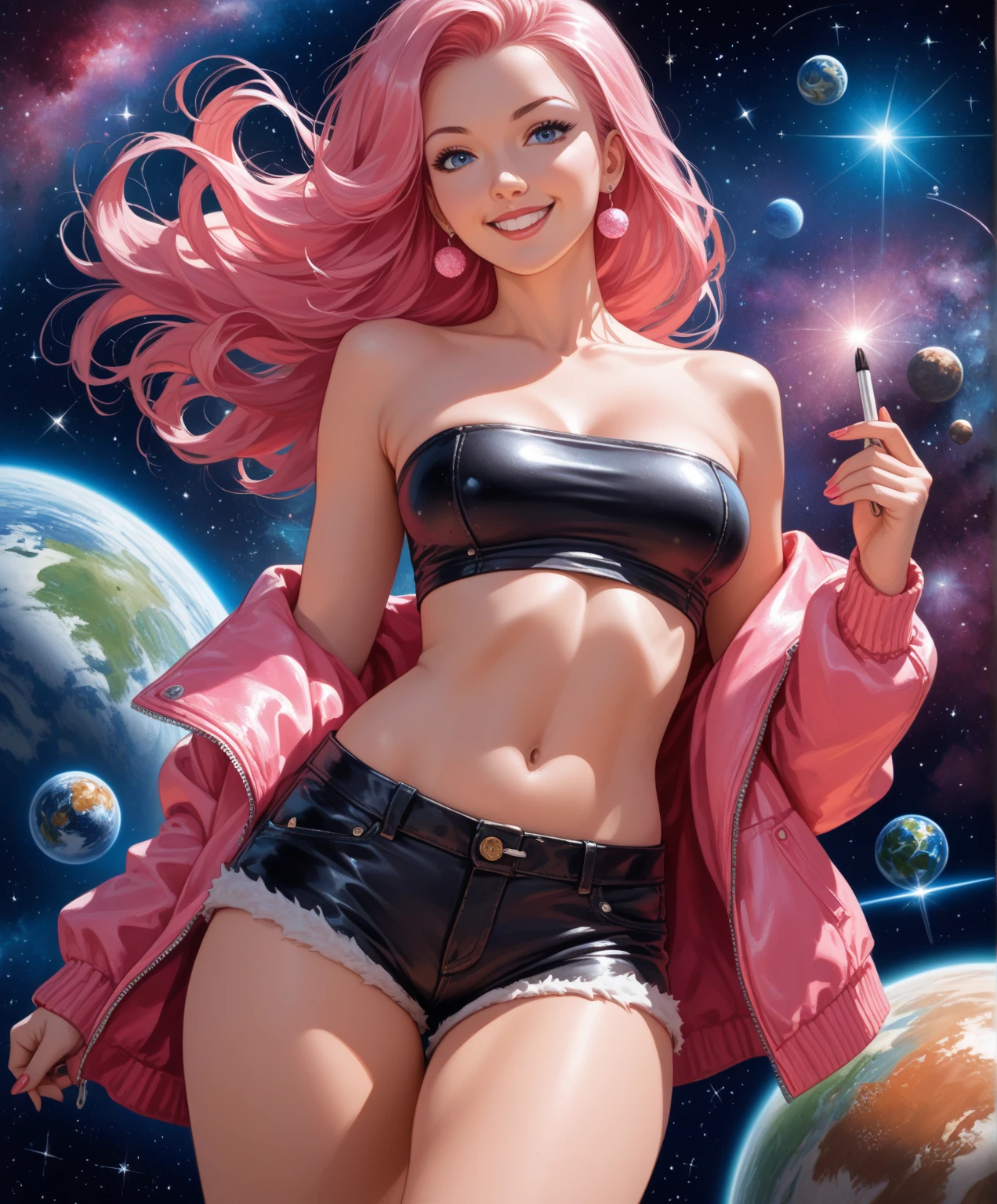 highest quality, Very detailed, masterpiece, 1 person,woman,(((完璧なwomanの体))),Very beautiful face, Very beautiful body,Gentle expression, Very beautiful eyes,(Perfect Makeup:1.1),Fashion Model,Cyberpunk Fashion,Curly Hair,Shaggy Hair,pink and blue hair:1.3, very thin body,Smart Abs,Monogram pattern,Gradation,Fractal Art Silk Suit,Two-tone high-top sneakers,A kind smile,Full body portrait,(Space Station Background), (Shiny skin),(Earrings),Seesul,Elegant patterned long scarf,Extra long shawl,Haori,