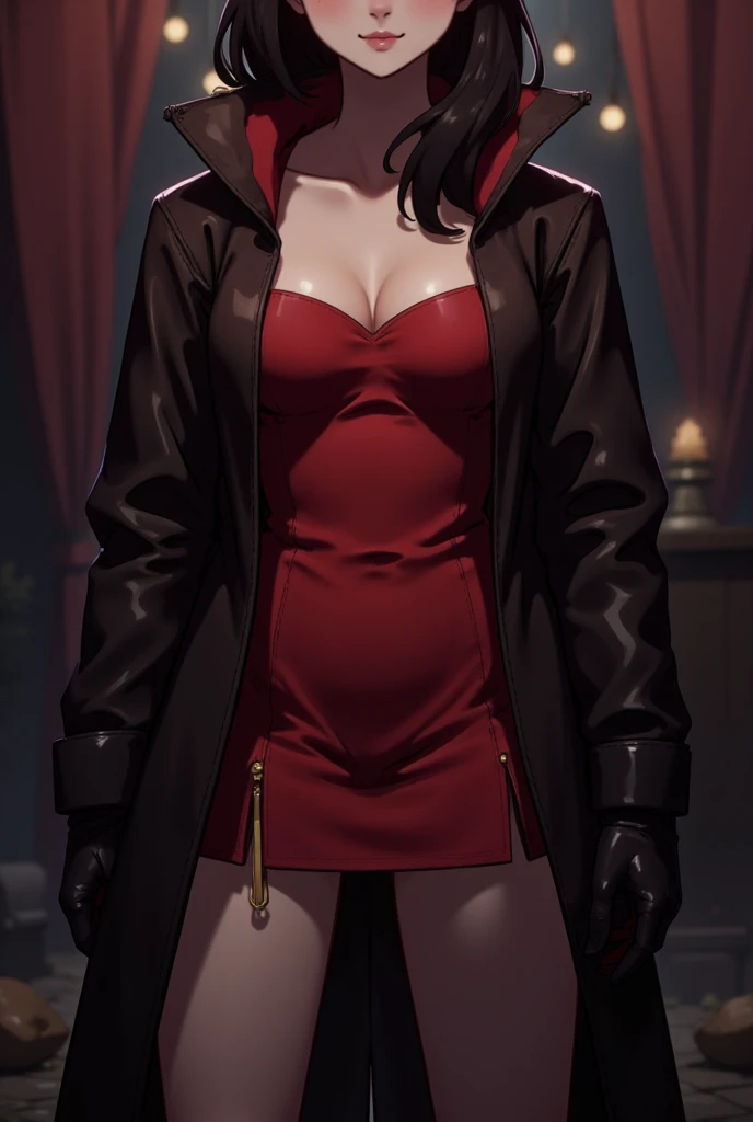 and ultra-detailed photograph of an Asian girl, short black hair with red locks, black short blouse, black lag pants clothing with details on the red edges, ((beautiful and aesthetic)), masterpiece, best quality, high quality, high definition, high quality texture, high quality shadow, high detail, realistic, cinematic light, side lighting, lens reflection, ray tracing, sharp focus