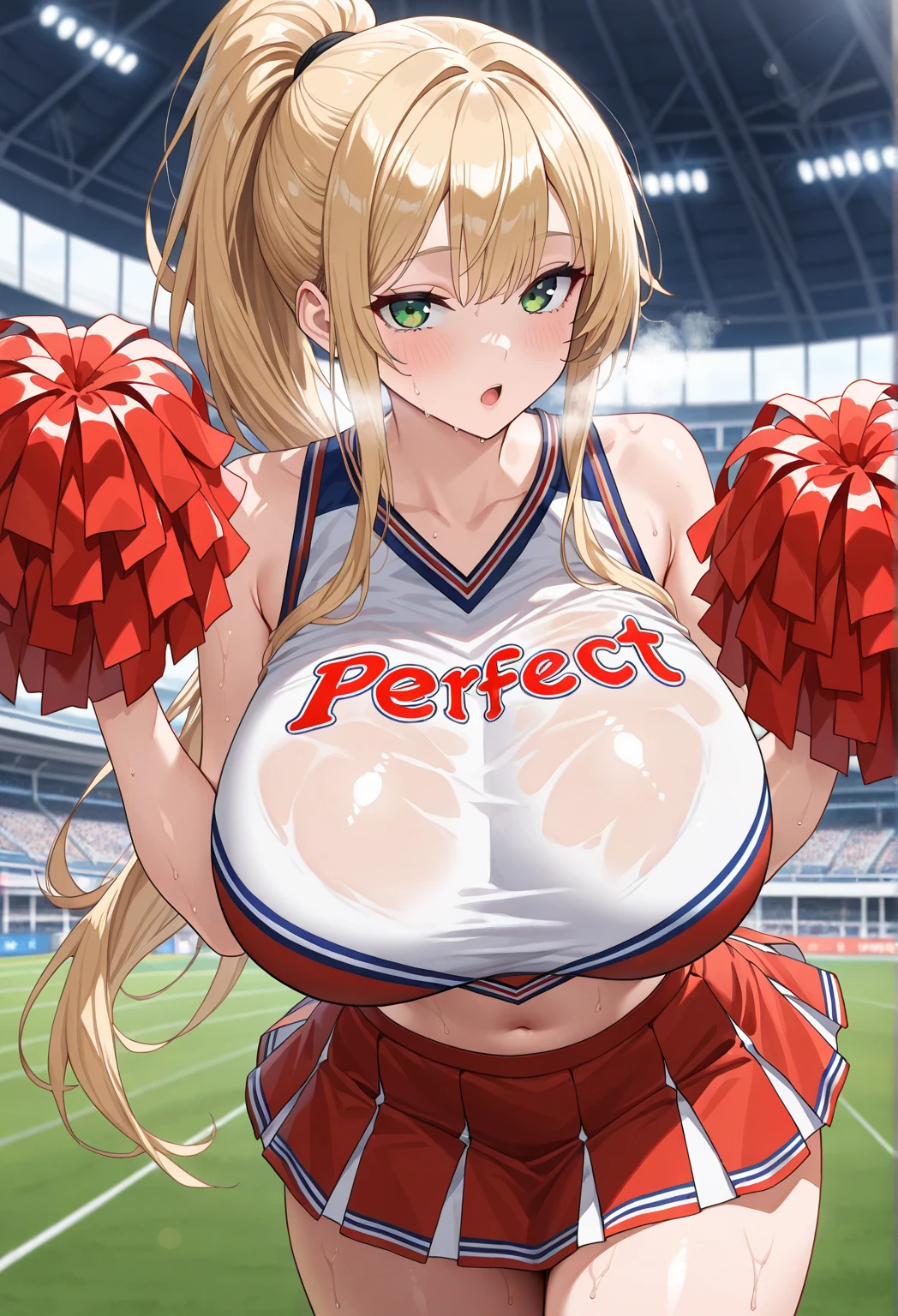 NSFW, ((1 female)), erotic, desire, desire, charm, sexy, mature body, despicable, big breasts, small ass, joy, Excited, Sweat, cheerleader, detailed and beautiful eyes, beautiful detailed lips, highly detailed eyes and face, long eyelashes, calm expression, soft lighting, Open atmosphere, stadium, Sweatを流して.