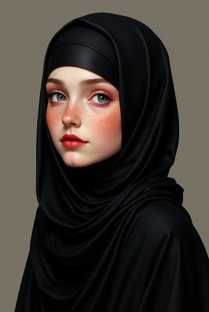 make ,a realistic full body shot,exagerrated ,caricature ,beautiful.woman with hijab, This masterpiece captures the essence of the era, radiating nostalgia and vintage charm.,simple background.high detail