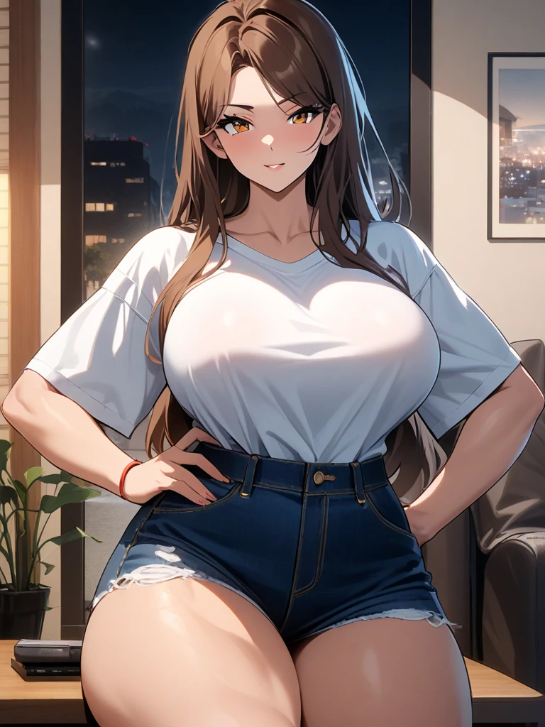 Anthro woman posing for a picture, full figure, photorealistic perfect body, realistic shaded perfect body, character is in her natural pose, (anthro, fluffy fur, character focus:1.1), 1girl, anthro ferret girl, body fur, solo, medium breasts, (thick thighs:0.3), curvy,(upskirt:1.2), brown fur, (white top, denim shorts, off-shoulder blue jacket)
