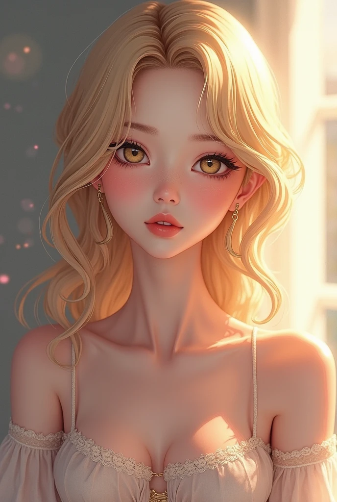 realistic detailed 1 girl, beautiful detailed eyes, beautiful detailed lips, extremely detailed face, long eyelashes, long blonde hair, bangs, ponytail, slightly parted lips, tongue out, low angle POV, lens flare, anatomically correct, large breasts, crystal earrings, drool, blush on nose, heavy breathing, ahegao, dilated pupils, anime style, hyper detailed, hyper-realism, soft lighting, masterpiece