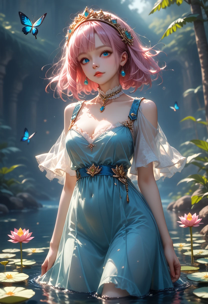 ((absurdres)) ((perfect whole body)), ((ultra photorealistic)), Top quality, ((Photorealistic)), ((16k UHD)), High Definition, Unity 8K wallpaper, high res, ultra sharp, ((masterpiece)), best quality, ((intricate details)), (((detailed eyes))), (((perfect face))) (((detailed face))), masterpiece, highly detailed exquisite character art, melancholy lighting, (((perfectly detailed anatomy))) (((cinematic light))), ultra-realistic, (((asian))) short bob Ombre turquoise hair, translucent legs, dramatic pumps, mature, beautiful, elegant, (((light pink skin))) (((pink skintone))) daughter of a mermaid, tie-dye mesh long sleeve crop top, teal holographic pencil skirt, aquatic, sea shell earrings, starfish necklace, teal lipstick, blue eyeshadow, item, at the ocean