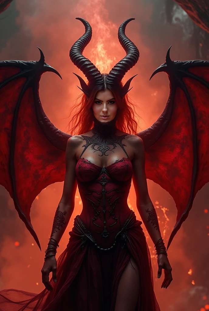 Enchanting female demon with obsidian black wings and fiery red hair, wearing a tattered, yet seductive outfit that seems to burn at the edges, her gaze intense and magnetic, set against a backdrop of a fiery abyss, with flames and smoke rising around her.