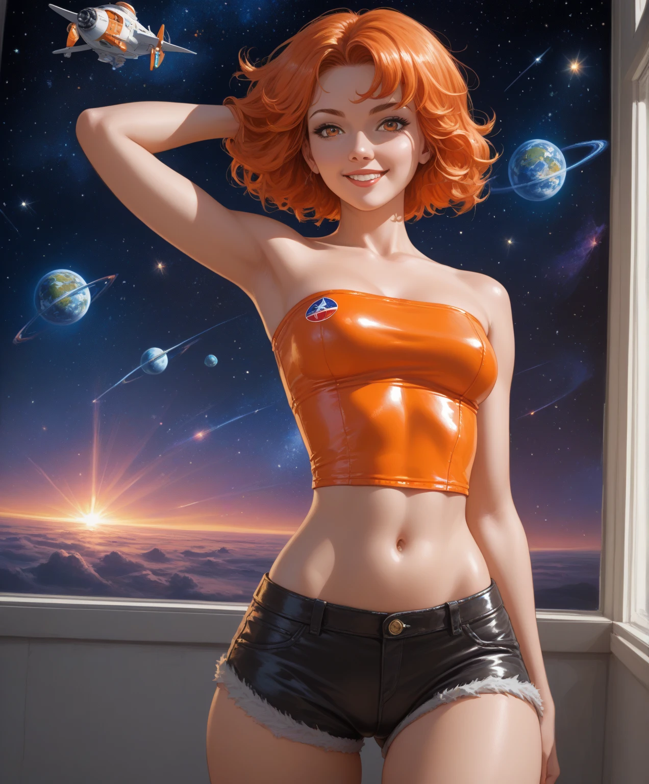 woman, white skin, caucasian, red hair, curly hair, medium hair, athletic body, green eyes, freckled face, freckled skin, low-cut leotard, white leotard, sports leotard, gymnastics shoes, Olympic stadium, full body photo , slight smile, red lips, standing, small , athletic legs, highlighted nipplesal shot.