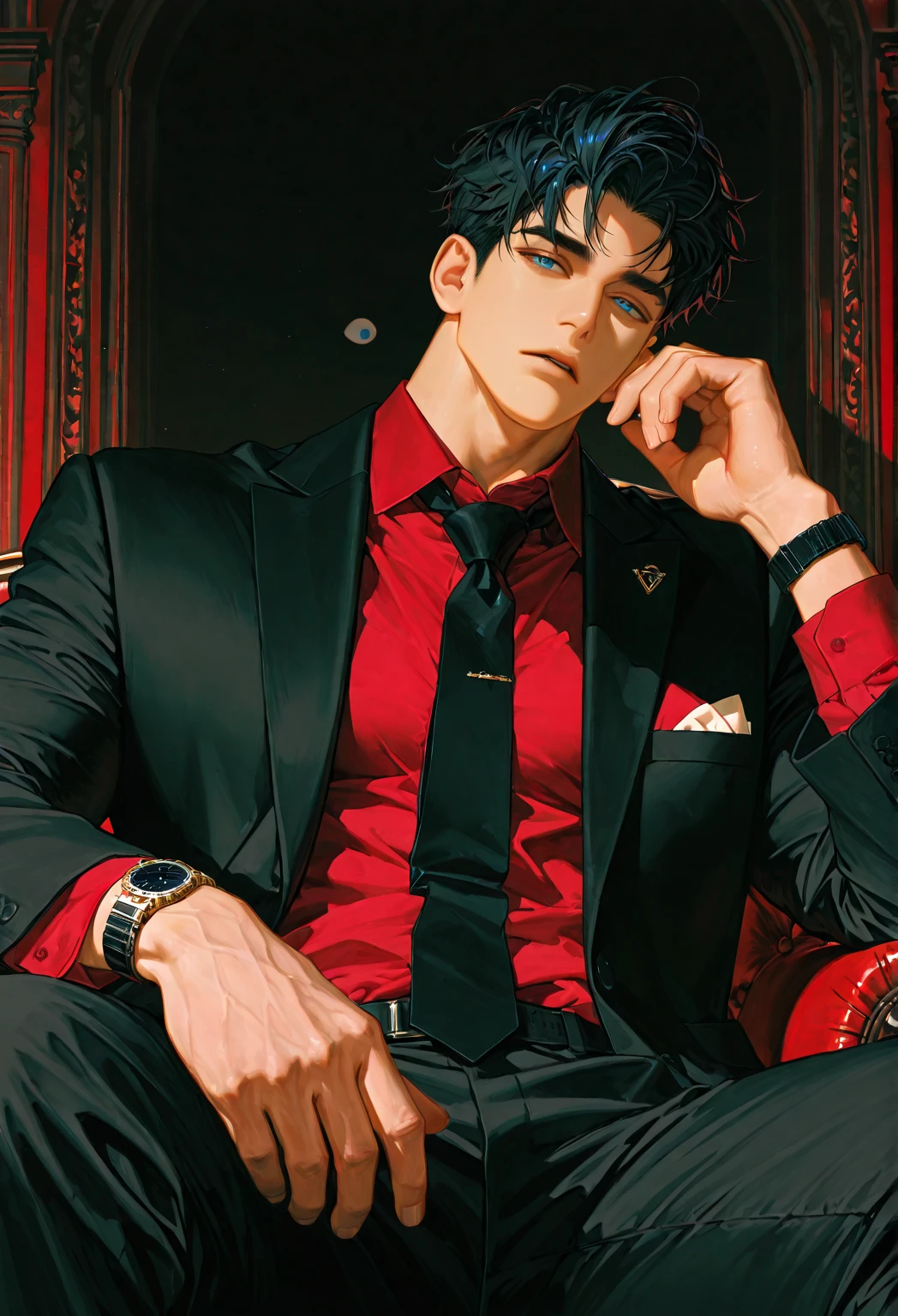 Disdainful eyes, Arrogance, disdain, Coldness,A person sits on a red sofa, whitegloves，Red wine glasses，Bar background，Unremitting eyes，Red sofa，Disdainful eyes, Arrogance, disdain, Coldness，handsome guy in demon killer art, Handsome anime pose