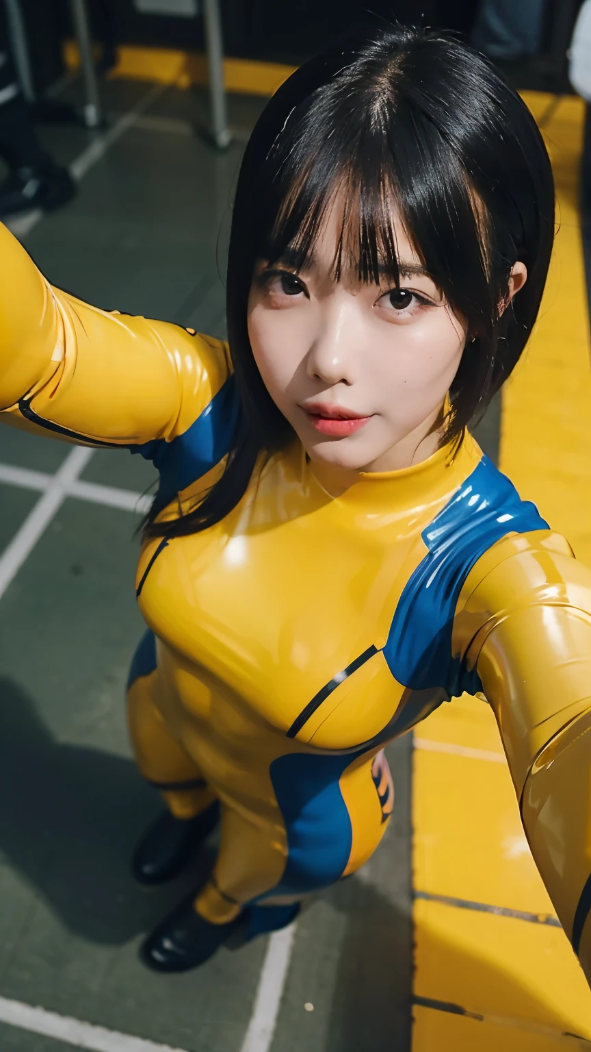 high image quality、Angle of View from Above、selfie、 yellow latex suit