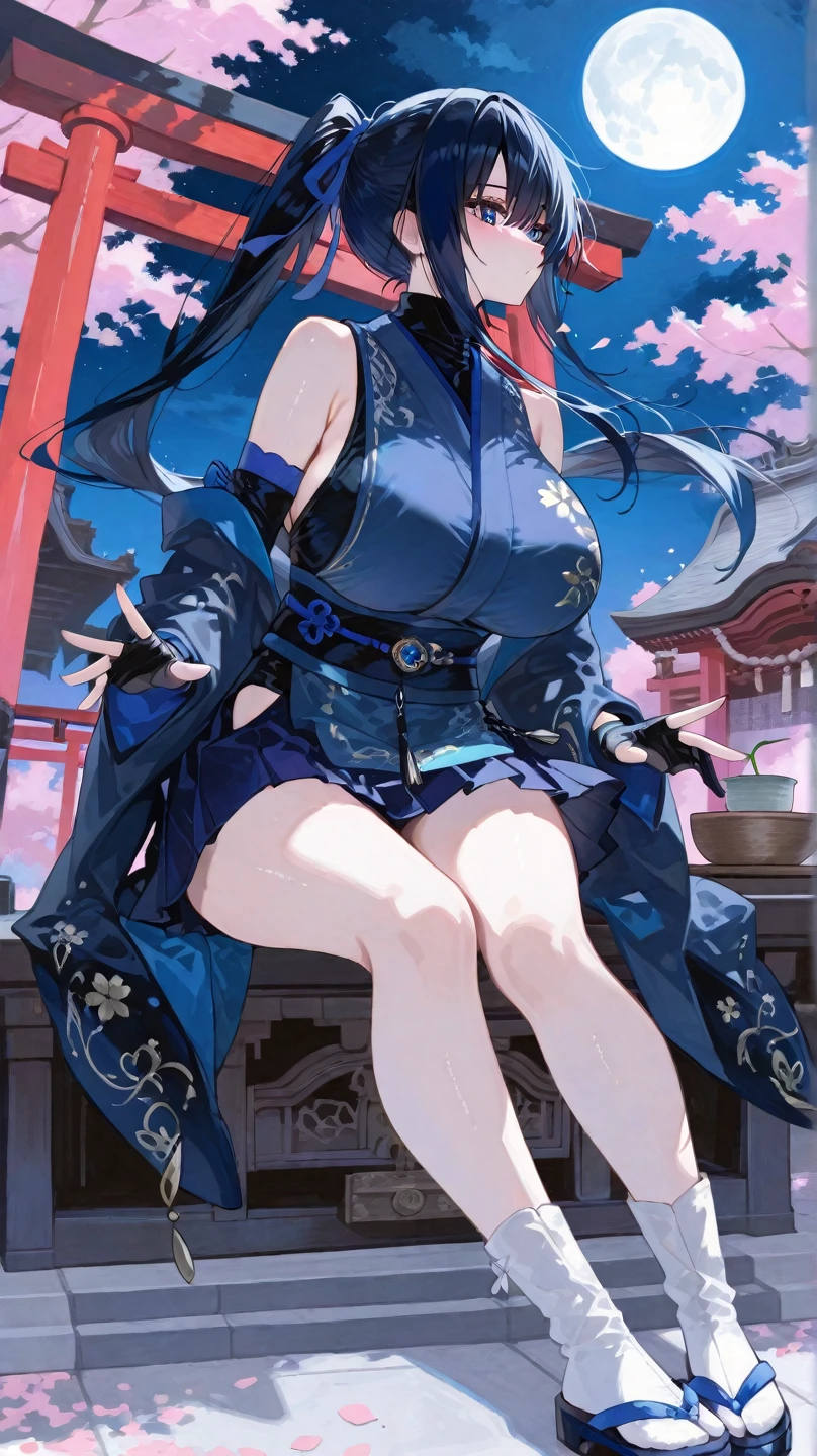 Raiden Shogun Genshin Impact ,ssee-through，Fleshy thighs，Pose，Poster publicity style，one piece swimsuit，Ocean park，busty figure，C cup，Happy expression