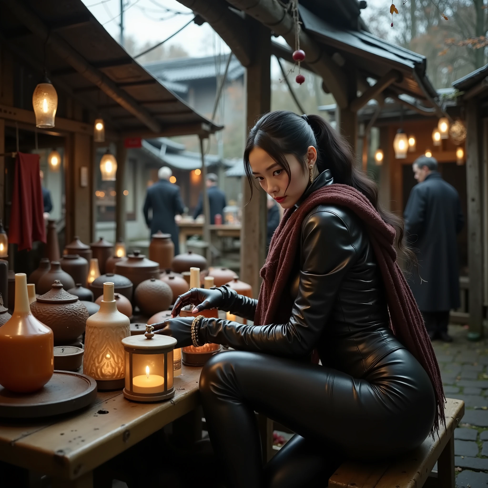 Korean woman Sitting at an outdoor market, the individual wears an intricately detailed dark leather outfit, adorned with a rich, textured scarf. Gloves complement the look, as they lean over a rustic wooden table, surrounded by warm glowing lanterns. The dim lighting casts soft shadows, creating a cozy, mysterious atmosphere. Hanging red cloth and various market items decorate the background under a canopy, with the scene subtly framed by the damp reflections on the cobblestone ground of a narrow, bustling street. Autumn leaves and overcast skies hint at a chilly day, further enhancing the moody setting post apocalyptic setting.