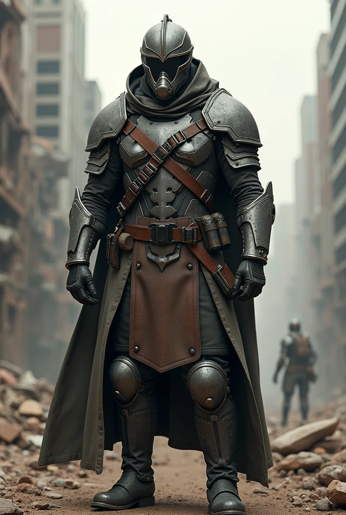 Post apocalyptic modern roman Knight wearing face mask helmet and trench coat 