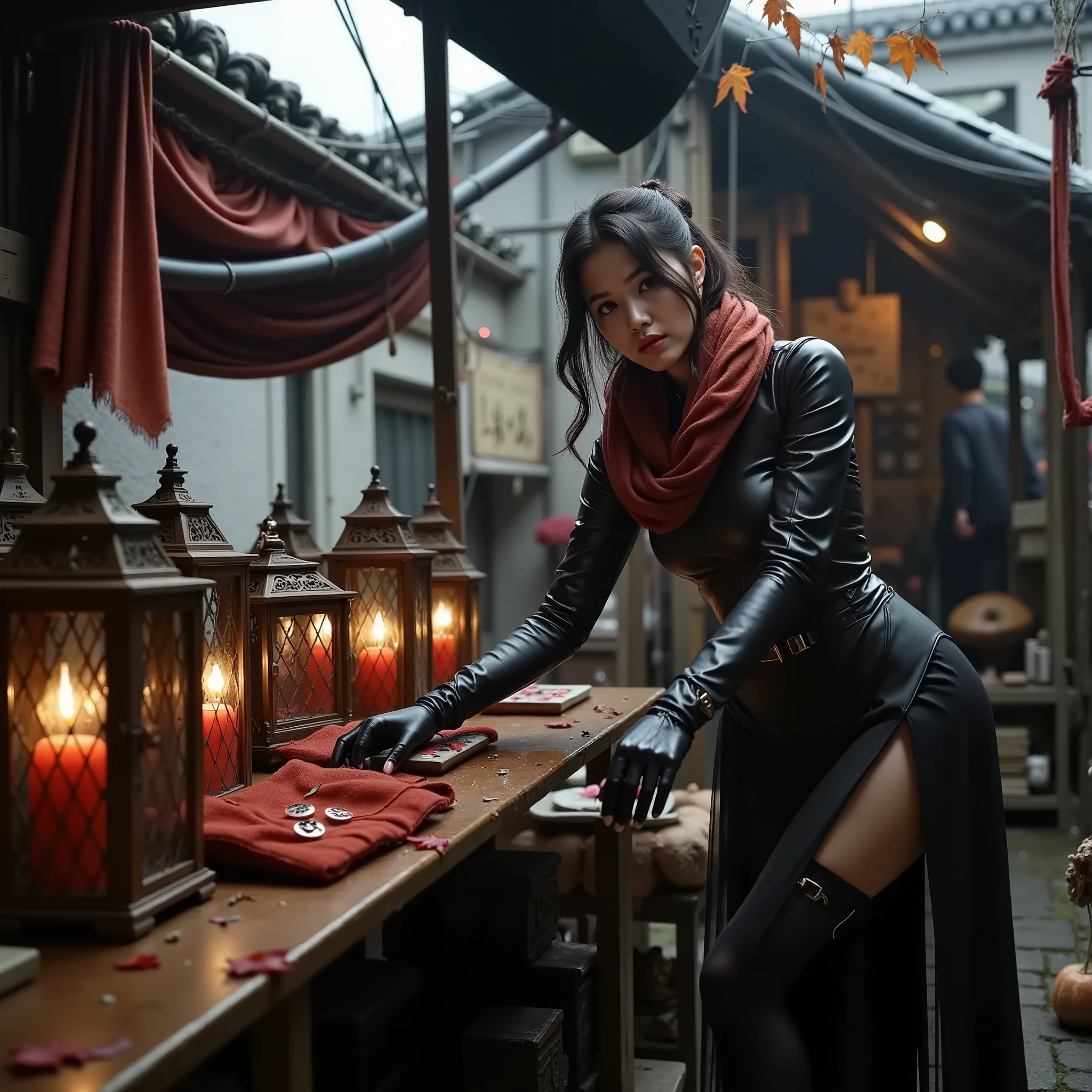 Korean woman Sitting at an outdoor market, the individual wears an intricately detailed dark leather outfit, adorned with a rich, textured scarf. Gloves complement the look, as they lean over a rustic wooden table, surrounded by warm glowing lanterns. The dim lighting casts soft shadows, creating a cozy, mysterious atmosphere. Hanging red cloth and various market items decorate the background under a canopy, with the scene subtly framed by the damp reflections on the cobblestone ground of a narrow, bustling street. Autumn leaves and overcast skies hint at a chilly day, further enhancing the moody setting post apocalyptic setting.