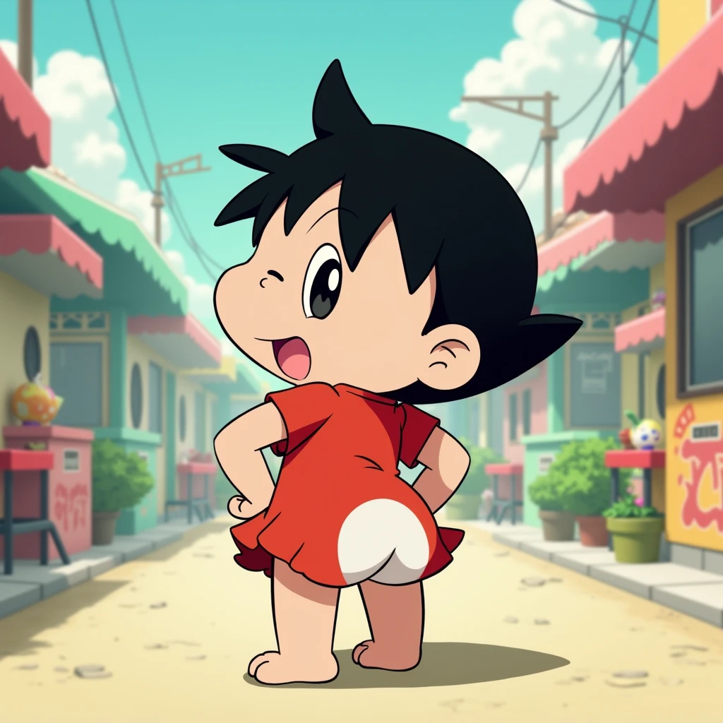 souaru,black eyes,retro artstyle,1girl,solo,,1980s \(style\),black hair,masterpiece, expensive quality, very_expensive_solve, big_file size, full color,(completely :1.2),pusslles,chibi,
