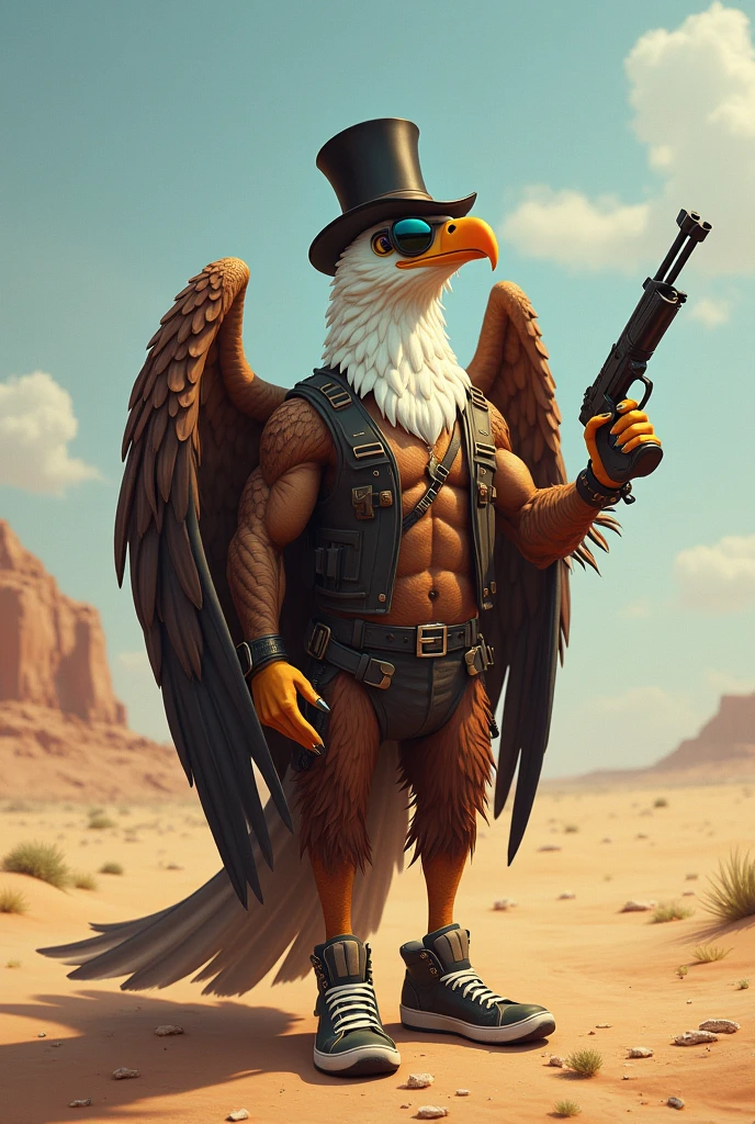 Masterpieces, furry, male, Anthropomorphic, ((red fox)), ((blue eyes)), black mark on muzzle, long and large fluffy tail, veiny, thin body, age 20, Delicate eyes, furred body, on a retro wave sunset beach with sea and palm tree on the background, perfect lighting, light particles,(best quality),(masterpiece),(ultra detailed), sharp focus, light particles, detailed barren background, desert camo military long short, shirtless, wearing military harness , no shirt , fierce look, soldier look, full body, six pack abs, brown forearms, radio backpack, black hair, ((digitigrade)), blue crystal necklace, giant large pectoral, giant bicep, pistol holster, (blue folded ((feather wings))