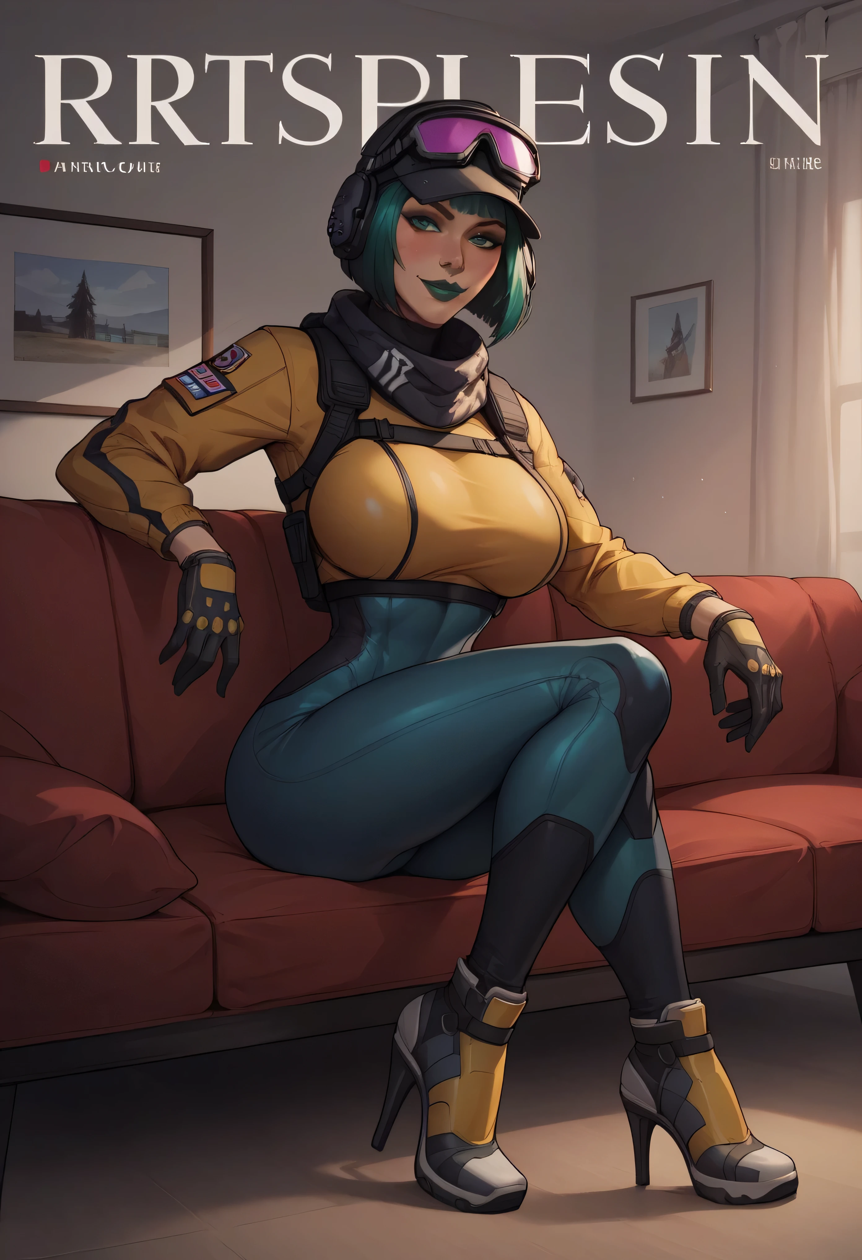 Teal hair, pussy sex slave tattoo, (hairy pussy:1.3), lifting up her shirt, sexy bra, (gigantic breasts), 4k, detailed face, anime stlye girl with large bright highly detailed gray eyes, wild short pixy hair cut hair style, wearing a blue and white skin tight long sleeve painted on top, sexy tongue, (robotic legs).