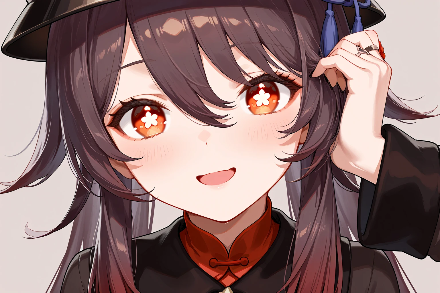 1girl, solo, close-up face, smile,
<lora:genshinfull1-000006:0.8>, (HUTAODEF, hat, red eyes, black hair, long hair), symbol-shaped pupils,
<lora:heartpupils:1.2>, (heart-shaped pupils, heart in eye:1.4),