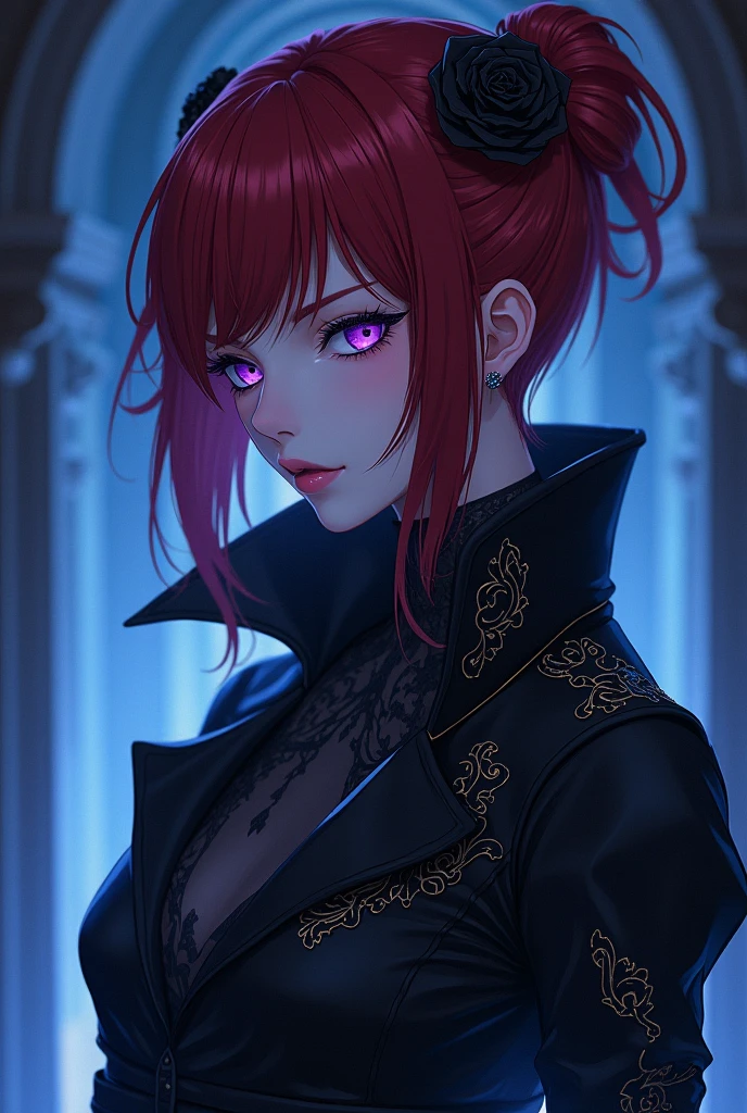 4k, 8k, masterpiece, best quality, upper body, 1girl, looking at viewer, red hair, medium hair, purple eyes, demon horns, black coat, indoors, dimly lit, the age of the actress is 23 years old, open bust