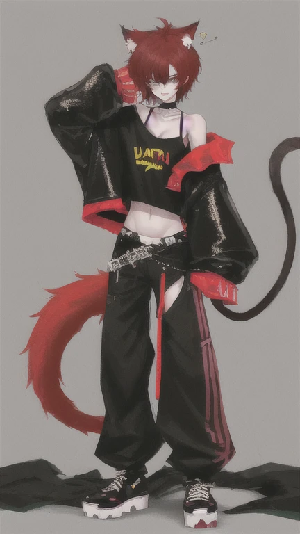 one guy, toned, flexing, sharp big possum ears, possum tail, big black messy hair, extremely vibrant red eyes, masterpiece, vibrant, micro thong , slim dark black hoodie, full body view, cute face, black thigh socks, combat boots.