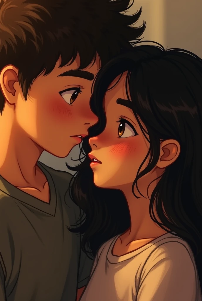 Dark-haired, wavy-haired girl next to brown-haired boy