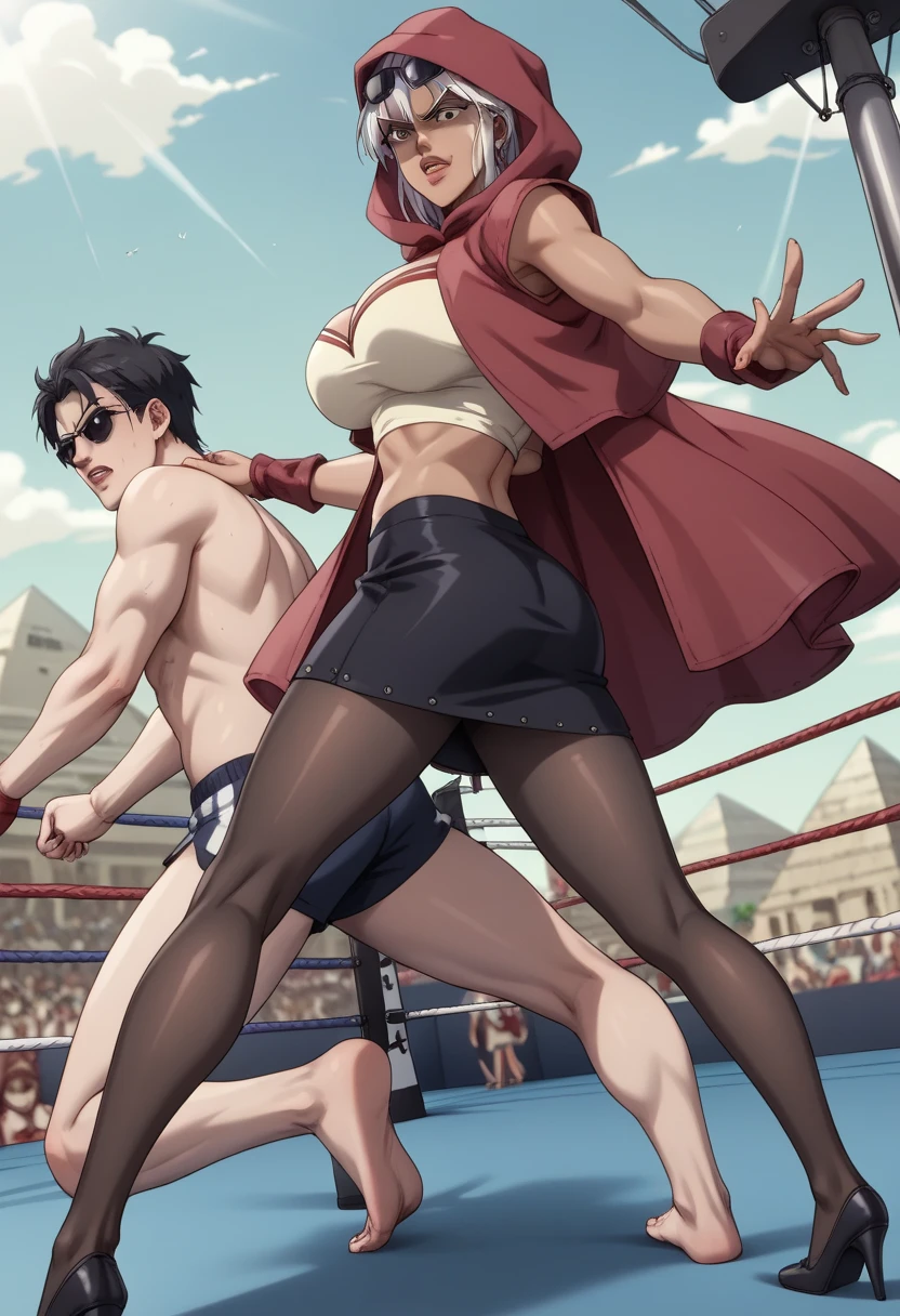 A man and a woman,Two people in the camera at the same time,Participate in the underground black boxing arena together,Wearing thunderbolt gloves,They all wear only thongs,low waist thong,Sexy thongs,Ice silk thong,Revealing thongs,String tong,Naked thong,The image of a woman is an 18-year-old beauty,Have a hot body,String tong,slim micro bikini,Purple hair,Big breasts and fat buttocks,Funnel shaped body,Slender beautiful legs,Tall figure,The image of a man is that of a handsome 18-year-old boy,Handsome face,Bare muscles, are worn,legs bare,bare legs,Thick thighs,only one thong,Only thongs were worn,Men's tong,low waist thong,Sexy thongs,have golden hair,Tall and mighty body,musculous,Broad pectoral muscles,Eight-pack abs,Sexy flesh,Bare abs,bare pectorals,Only thongs were worn