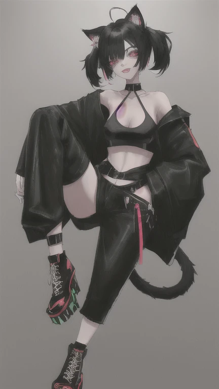 cat-boy, toned, sharp big wolf ears, wolf tail, big black messy hair, extremely vibrant red eyes, HD, masterpiece, vibrant, black converse shoes, slim dark black hoodie, full body view, neutral face, black thigh socks, combat boots.