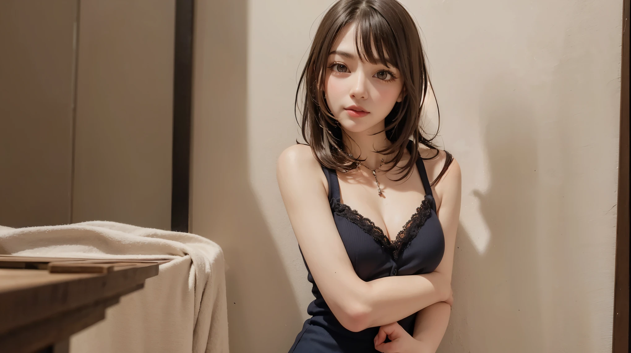 (masterpiece),(highest quality:1.1),(Very detailed), In detail, slim,(Very delicate and beautiful face), (Short eyelashes), 16 years old、Japanese women、very cute, Party Dresses、(short hair, messy hair), medium breast, The corners of the mouth are slightly raised, nsfw, (embarrassed)、Thin Necklace, (looking at viewer), shot from above