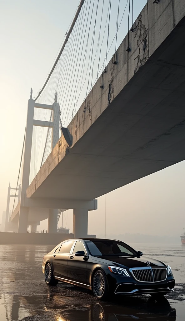 "A black Mercedes-Maybach S-Class sits beneath a gargantuan, fractured bridge segment held aloft by straining steel cables from a floating barge crane. The concrete’s cracked surface and exposed rebar contrast with the Maybach’s flawless obsidian paint and opulent interior. The setting is a misty river delta at sunrise, with water lapping at the car’s tires. The reflection of the crumbling bridge warps in the car’s tinted windows. The image is a paradox of elegance and doom—one cable snap from devastation."