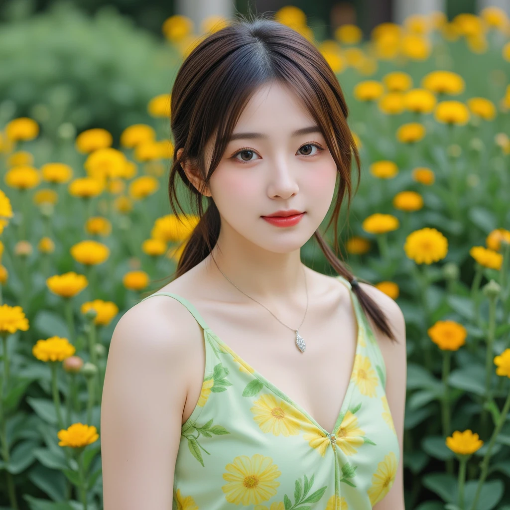 1girl, long colorful side ponytail with bangs, looking at viewer ,big breasts, (upper body:1.2), <lora:FilmG3:0.9>,filmg, Autumn, Stargazing on a clear autumn night.,Paper Bag Brown A yellow midi dress with ruffle detailing.,