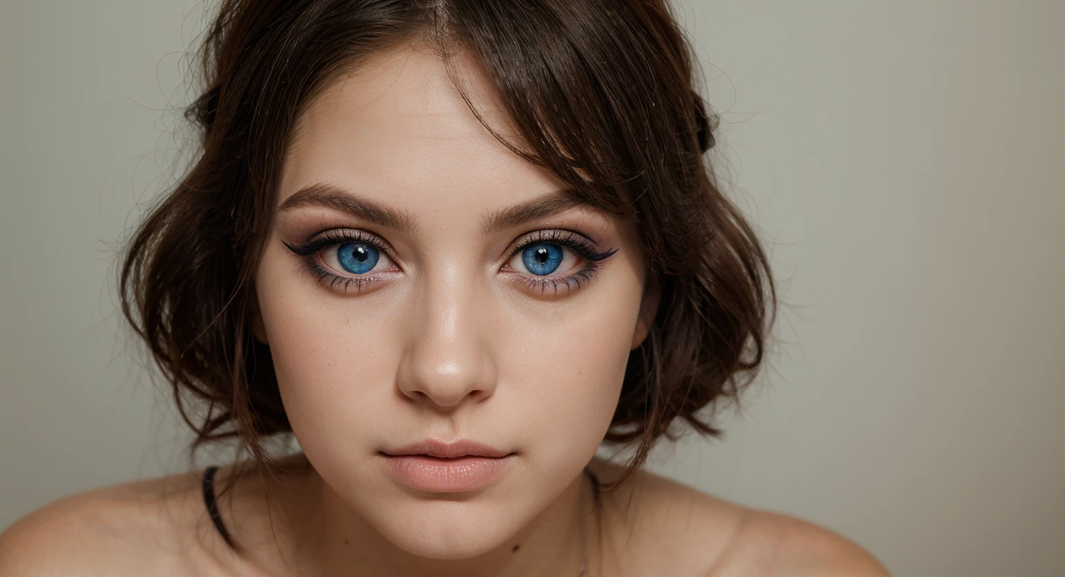 A young beautiful girl, full lips, small neat nose, big eyes, makeup , blue eyes