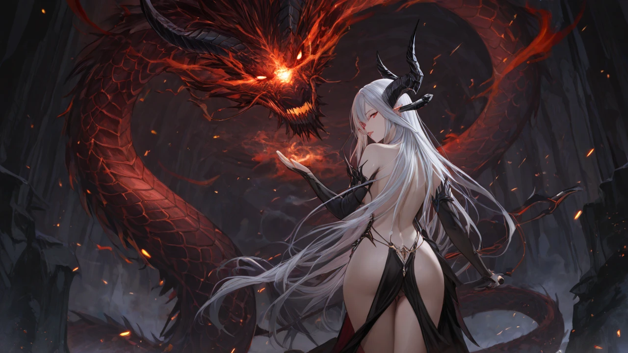 CovenSL, Ablaze, magie, mask, NinymGP, hair ornament, best qualityer, work of art, high resolution,breasts big,look of hatred,raining in the background,holding an iron sword,cutting a Dragon in half