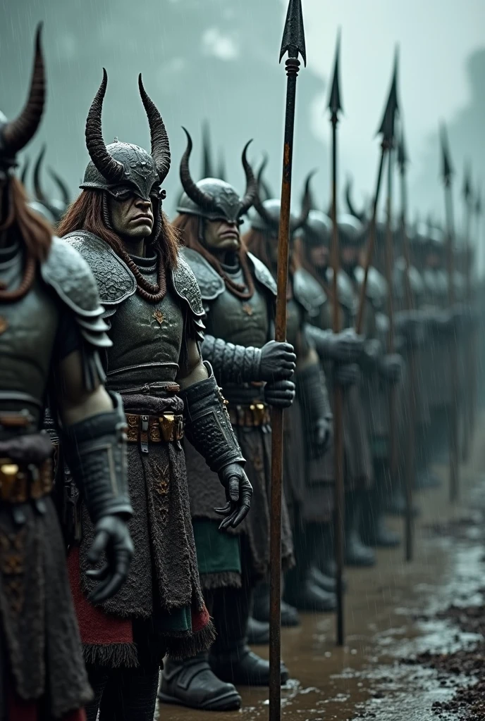 Intimidating (orc warrior:1.3) with (gruff expression:1.2), (green skin:1.1), (tusk-like teeth:1.2), clad in (studded leather armor:1.1), wielding a (steel blade:1.1), amidst a (troop of soldiers:1.2) in the background, (forested hills:1.1) in the distance, overcast skies, (detailed costume design:1.2), natural outdoor lighting, cinematic fantasy concept, Nikon Z7, 1/250s, f/4, ISO 64, story-rich composition,