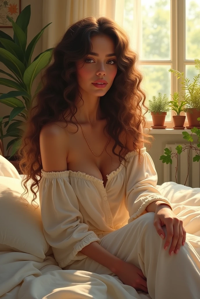 (photorealism:1.2), beautiful woman, sitting on bed, wearing loose off-shoulder top, pajama pants, long curly hair, indoors, soft lighting, plants in background, window with sunlight, cozy room, relaxed pose, realistic, intricate details, warm colors, by Greg Rutkowski, by Alphonse Mucha