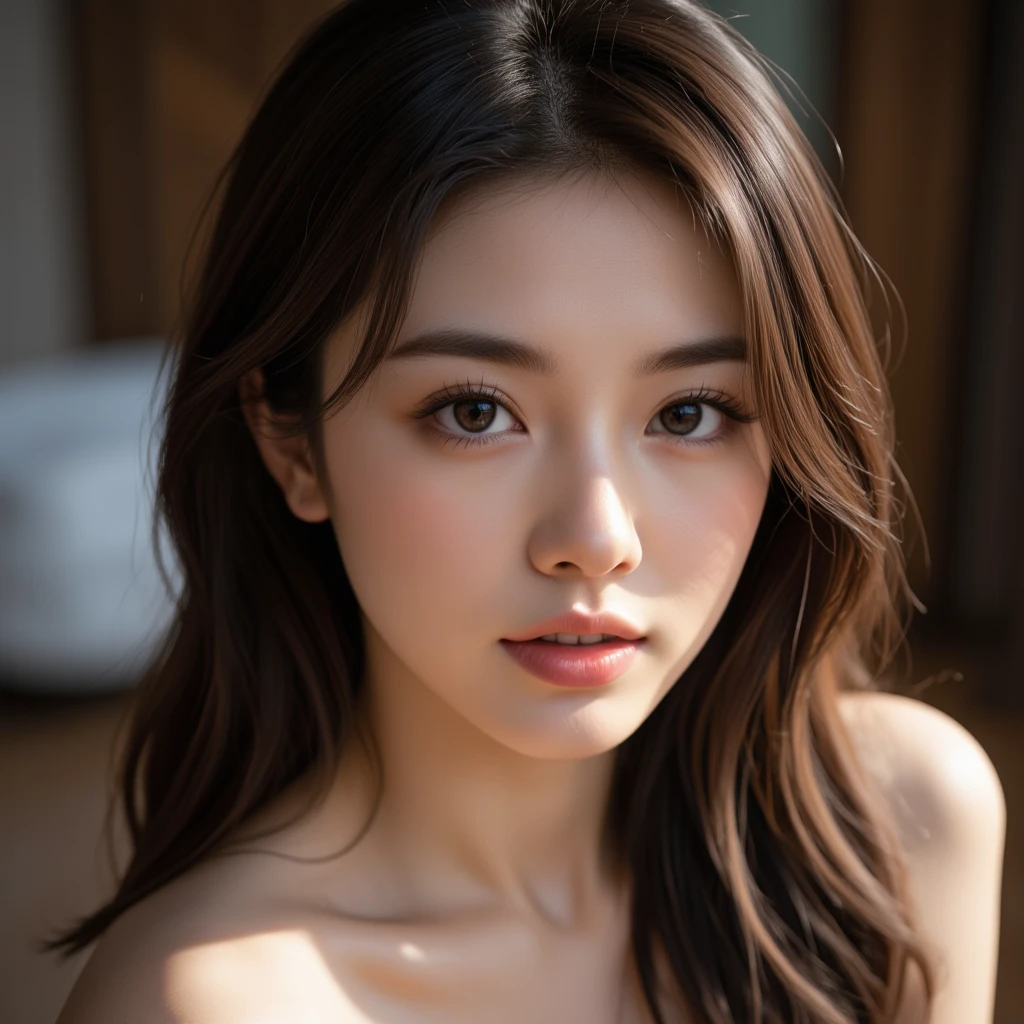 (best quality,4k,8k,highres,masterpiece:1.2), ultra-detailed, (realistic,photorealistic,photo-realistic:1.37), (female portrait), (face close-up), Japanese idol, beautiful detailed eyes, beautiful detailed lips, extremely detailed eyes and face, eyelashes, brown hair, long hair, brown eyes, naked, nude, detailed lighting, HDR, UHD, studio lighting, ultra-fine painting, sharp focus, physically-based rendering, professional, ((Dark background)), modern, contemporary, color grading, soft lighting, 