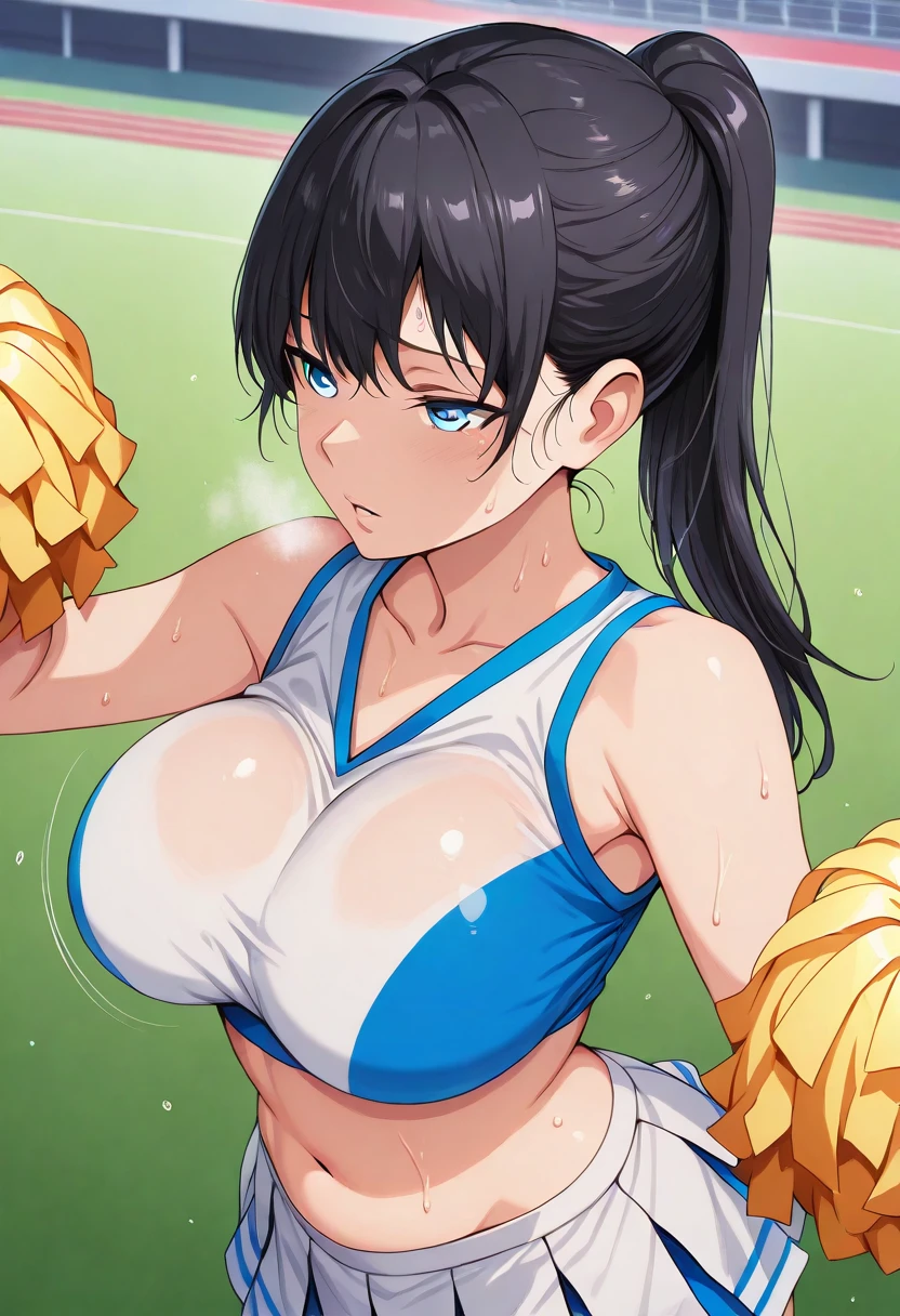 Wind Horse_home town,Large Breasts,Black Hair,Long Hair,ponytail,Green Eyes,(Cheerleader, Crop top, Ultra mini skirt, Expose your shoulders) ,(Sweaty, Glowing Skin:1.1), ,SunLight, spotLight effect,Bright sky, Blue sky and white clouds,Strong winds,(High resolution, high quality:1.1), Intricate details, Light, 1 Girl,(smile、smile),(necklace, bracelet),Sweat splashes near the face、Gym、Basketball court、During the game、、Dazzling Lighting、Angle from directly above、Chest shakes a lot