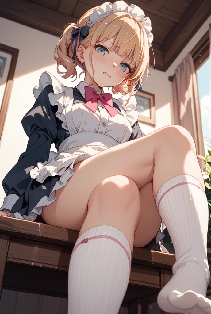 1 girl、maid、is sitting、Frill Socks、from below、 Ashikiri、embarrassing、