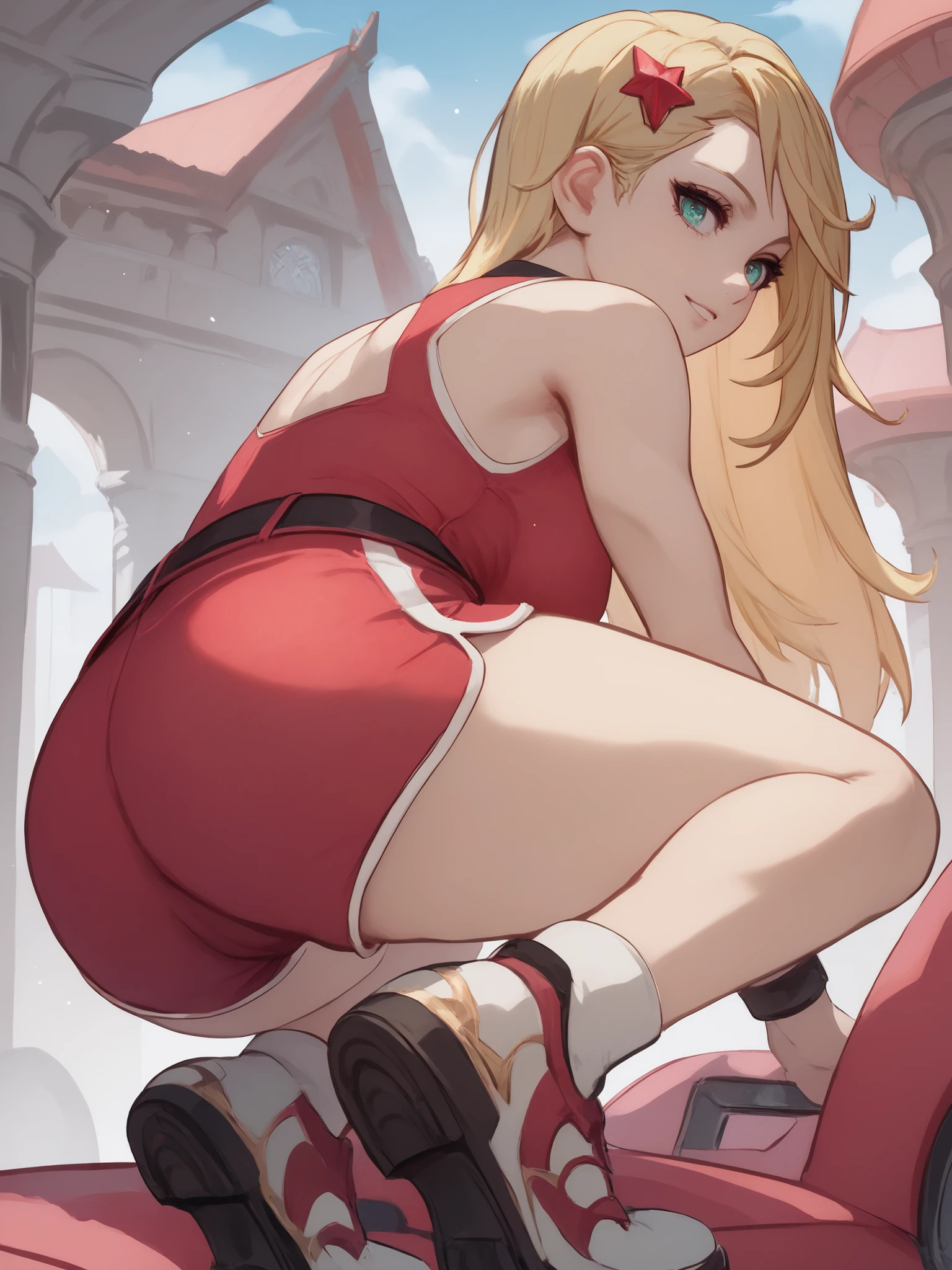 young girl, long blonde hair, Hairpin with a bundle, turquoise eyes, red tight uniform, Sleeveless, Wide neckline on the chest to the abdomen, Gold Elements, Red outfit, Shorts, Masterpiece, hiquality, 4k, HD, Good details, full body back view, back overview, Long Hair,