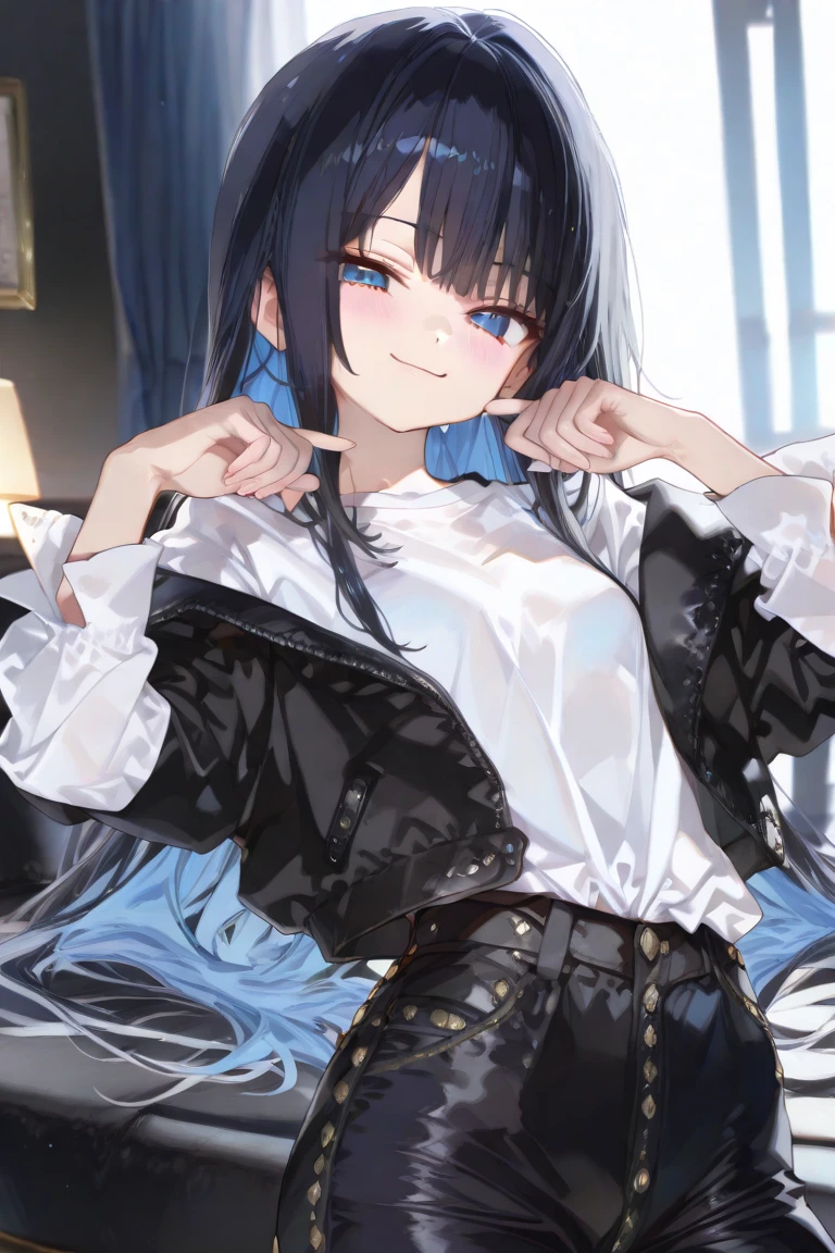 (Unbelievable high resolution , masterpiece , highest quality , highly detailed , Clear image , 8k, CG , high quality anime picture , long range photography ) , 1 girl , (((12-old))) , very young girl , long black hair , blue colored inner hair , Suspicious face , blue eyes , little smile , cute pose , dynamic lighting , ultra detailed , highres , absurdres ,stunning visual cg , ( cute demeanor , black jacket , white shirt, trousers)
