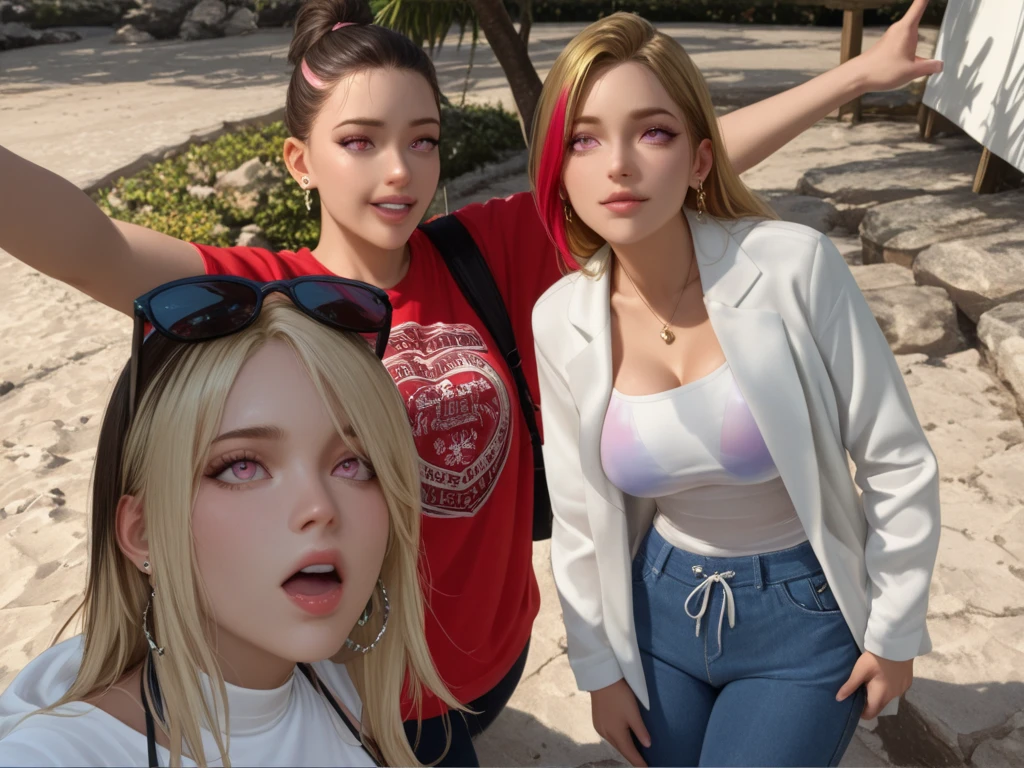 (ultra realisic, A highly detailed: 1.4), beste-Qualit, Masterpiece 3 Girls, blonde woman, running, hoody, sweatpants, exteriors, sweats, Tired, sneakers ((Three heads, 3 heads):1.4)
