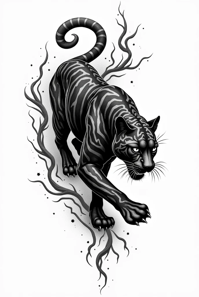 a black and white drawing of a demon with horns on its back, panther, panther head tattoodesign, the smooth black panther, the smooth black panther, black panther, demon cat, tattoo design, the dark god of panther, by Otto Stark, concept tattoo design, dark linework, tattoo stencil, by Kano Tan'yū