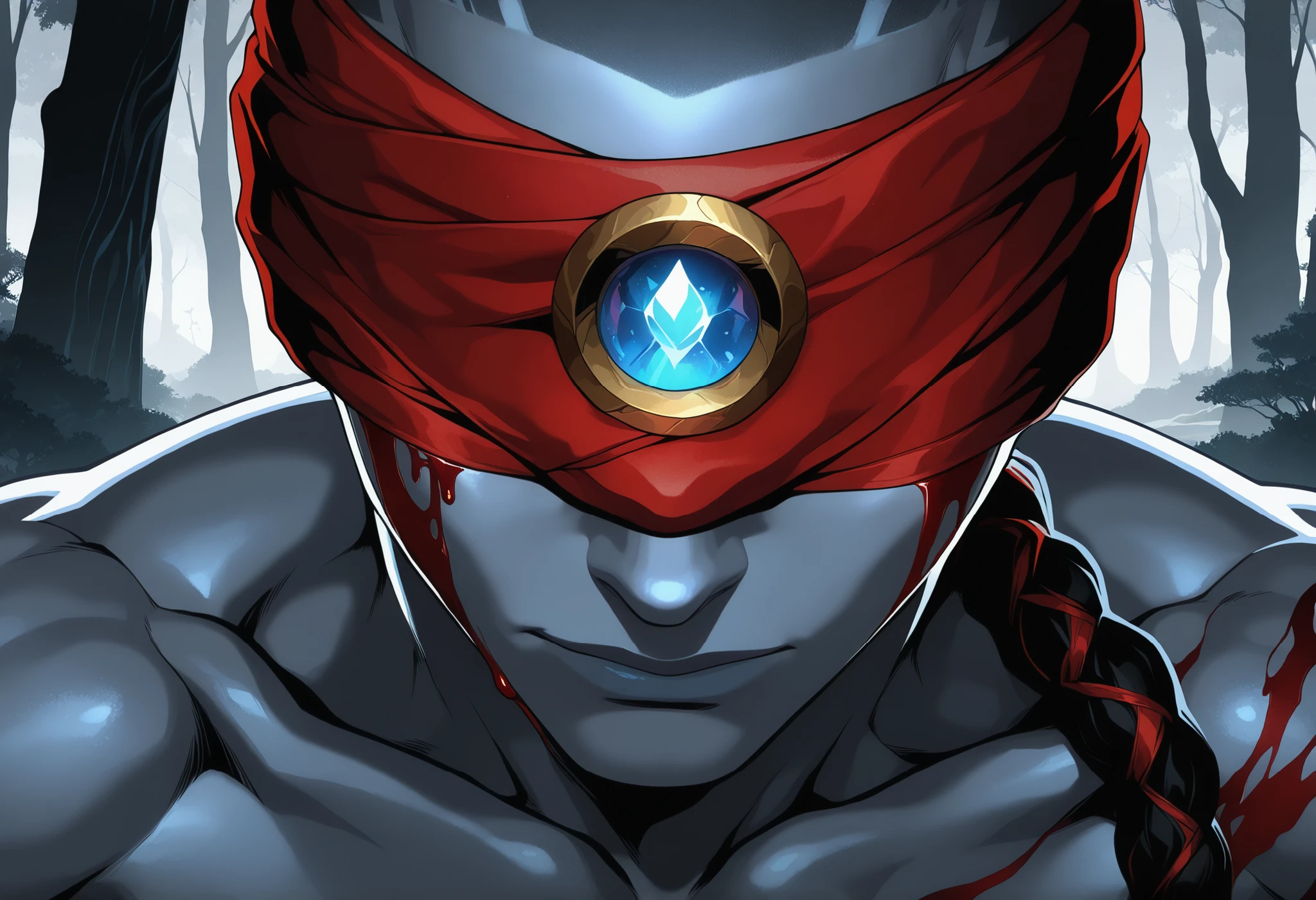 masterpiece, best quality, amazing quality, very aesthetic, newest, general, LeeSin, 1man, solo, shaved head, long black braid hairstyle, red blindfold with decoration, bristle, forest, close up, bare collarbone, free neck, round diamond on blindfold, round blue diamond, blood on face, subsurface scattering, atmospheric lighting, atmospheric haze, muscular, vector art, black theme, limited palette