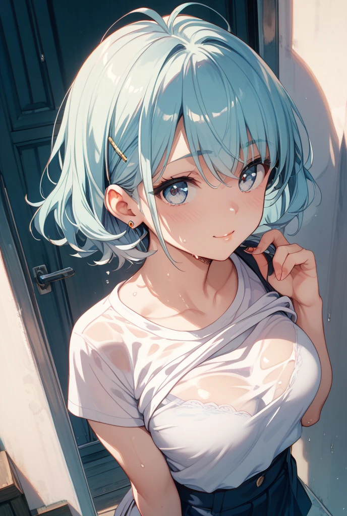 Light blue short bob　Clothes that are see-through and expose the shoulders　Small breasts　Sick face