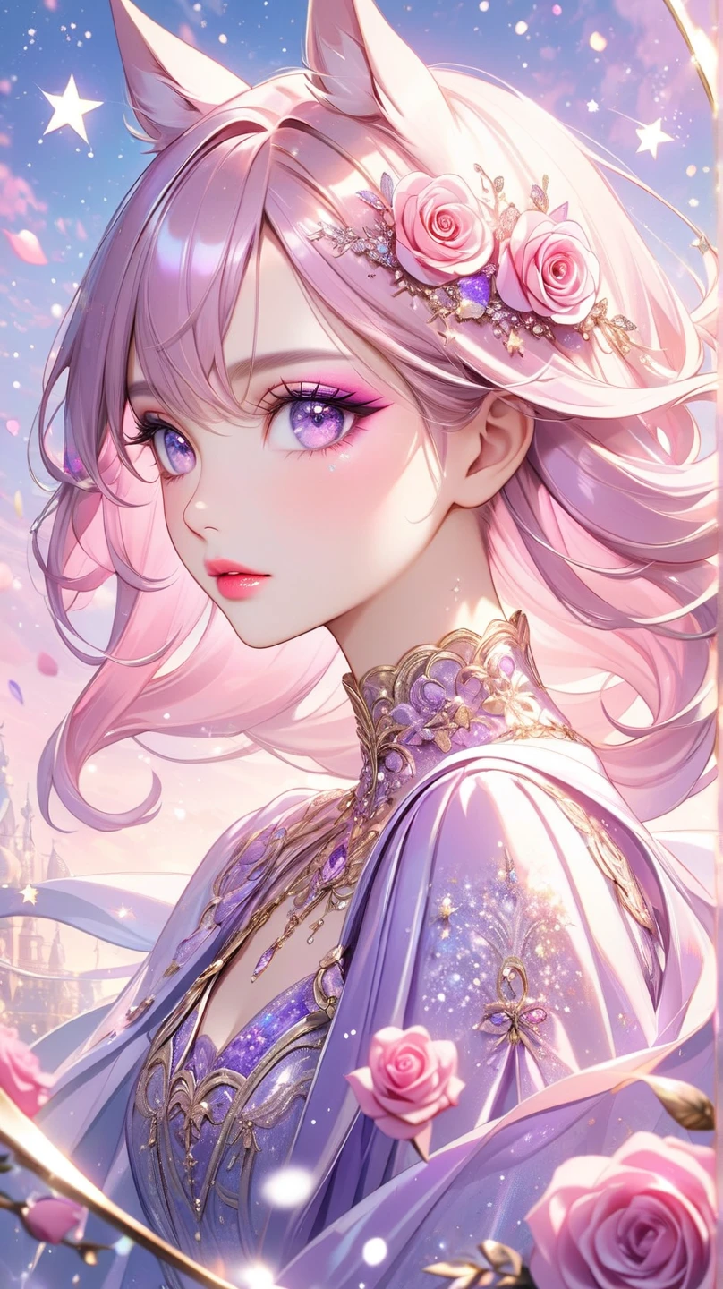 Flower Art, Rose, Fantasy, photograph, cute, Pale purple and light color style, Sparkling, Sparkling water reflections, Rococo portrait, Ether Tree, monoplane, les nabis,Tranquility,dream-like,16kHigh resolution, masterpiece, Highest quality, rose garden、like、High resolution, Highest quality, Very detailed, Beautiful Rose