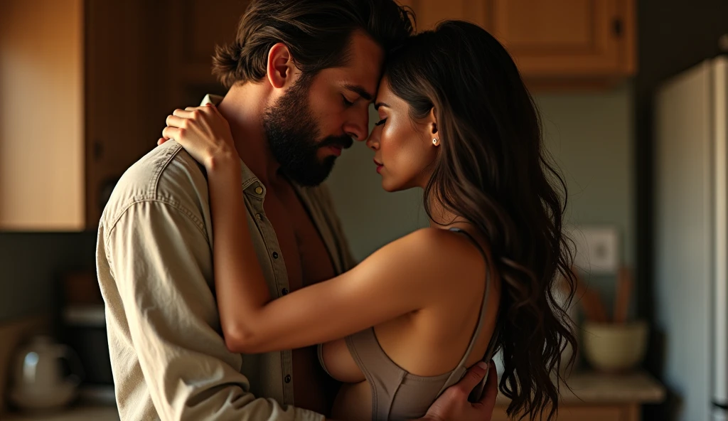Create dynamically posed pornographic sexual images, a couple in the kitchen, a handsome man, Can Yaman, 20 year, long brown hair with bun, strong square chin, defined chin, thin thin mustache , strong muscular physique, Unclothed com o dick duro. He is sucking on a young woman's breast with his mouth., Kennedy Walsh, Caucasian skin, freckles, greyish blue eyes, very long brown silky hair with curtain style bangs, Unclothed. They are in a modern kitchen with glass windows showing a pine forest with falling snow., sucking on her breast, he is showing the