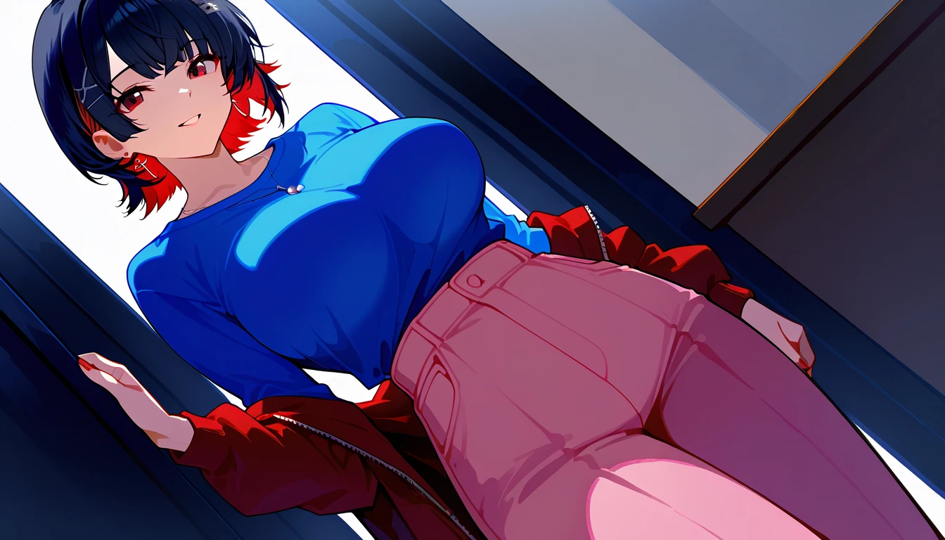 masterpiece, best quality, 1man, 1girl, dark blue hair, half buzzcut hairstyle, yellow hoodie, short shorts, loose socks, sneakers, huge breasts, shiny skin, vivid colors, paint splashes, rainbow theme, having sex with a man, legs are open,(Being stroked by man's crotch), Ridiculous resolution, exposed vaginal sex, bukkake, hoodie is unzipped, bedroom, lying on bed, lying on side, thigh high stockings