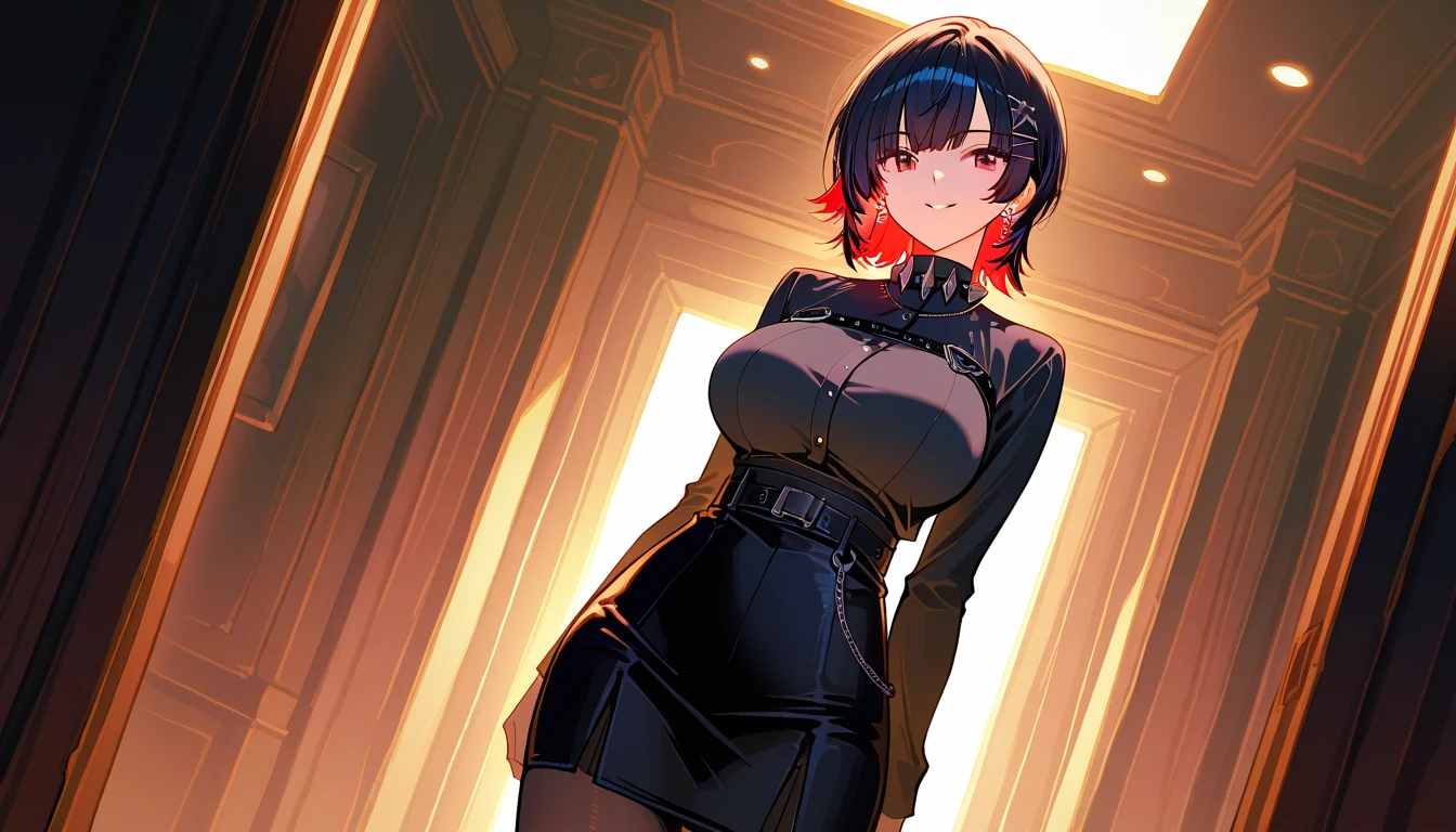 wallpapers, 4K, anime style, masterpiece, 1girl,solo,cat ears, cat tail,middle black hair,yellow pupils,yellow eyes, catgirl, neko, a little immature,smug, adorable, badass, purple fire behind, looking at viewer, smirk