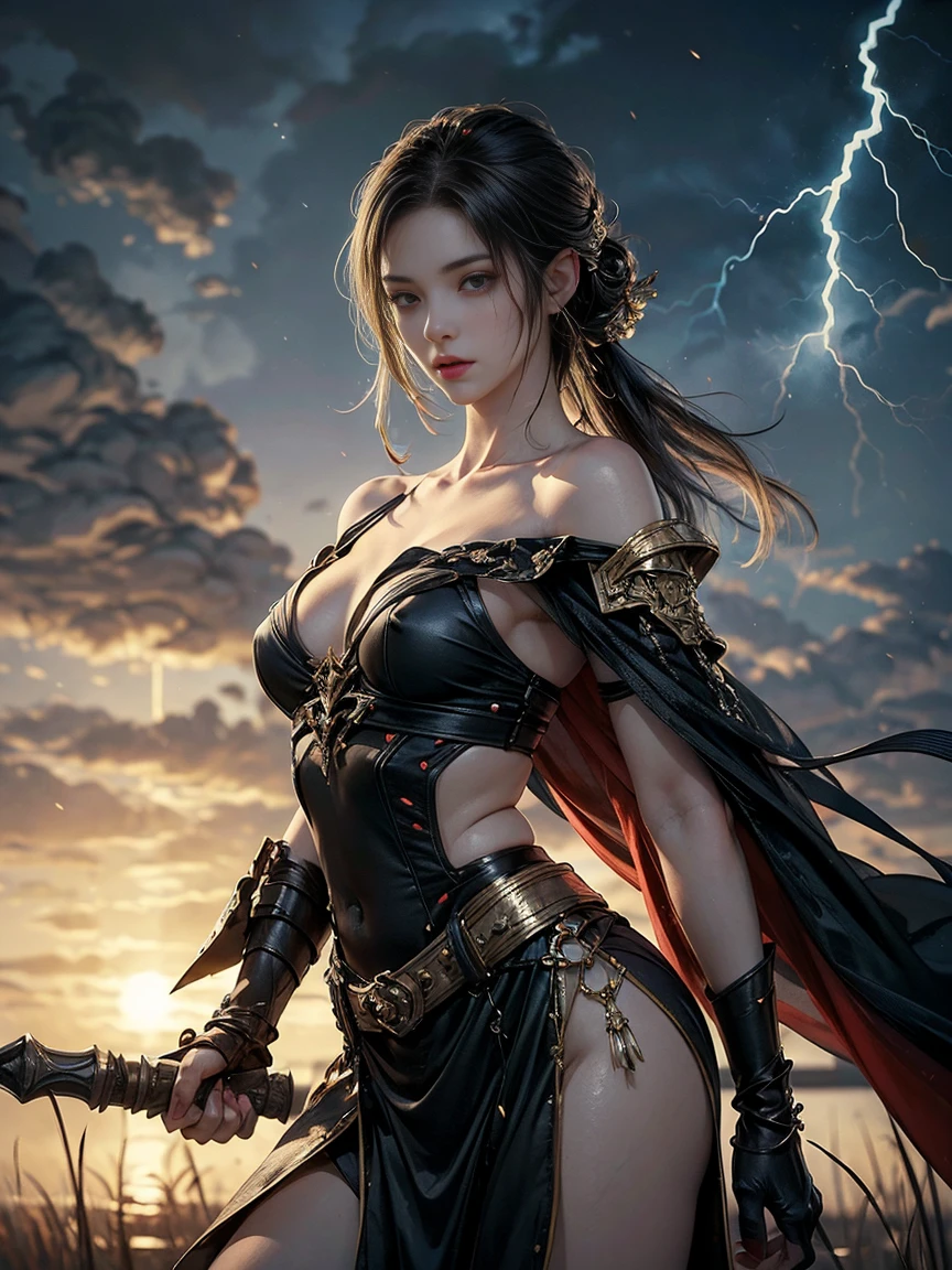 8k,intricate,elegant,highly detailed,majestic,digital photography,cowboy shot,surreal painting,broken glass,(masterpiece, sidelighting, finely detailed beautiful eyes:1.2),hdr,void3nergy lightning storm,woman,wearing regal battle armor,raining,beautiful,facing viewer t,masterpiece,upper body,