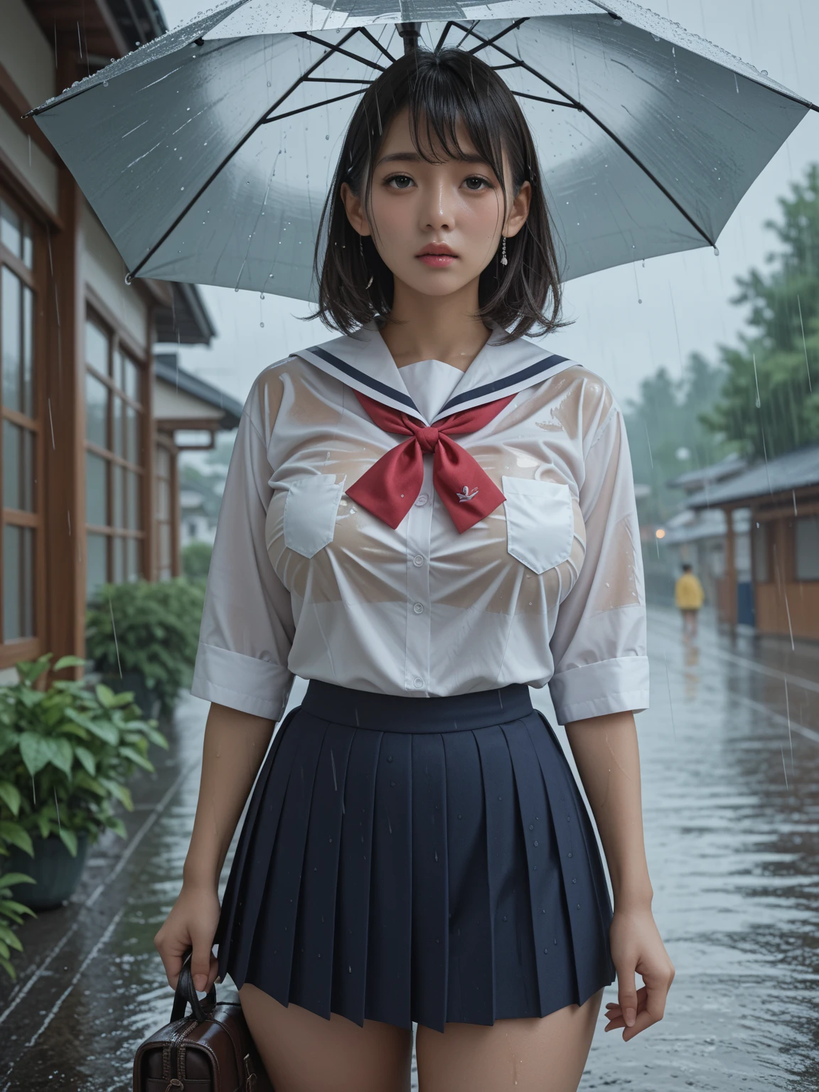 score_9,score_8_up,score_7_up,8K, breasts, A beautiful Japanese woman, High school girl in the rain, （Her uniform is transparent and her underwear is visible.：1.2）