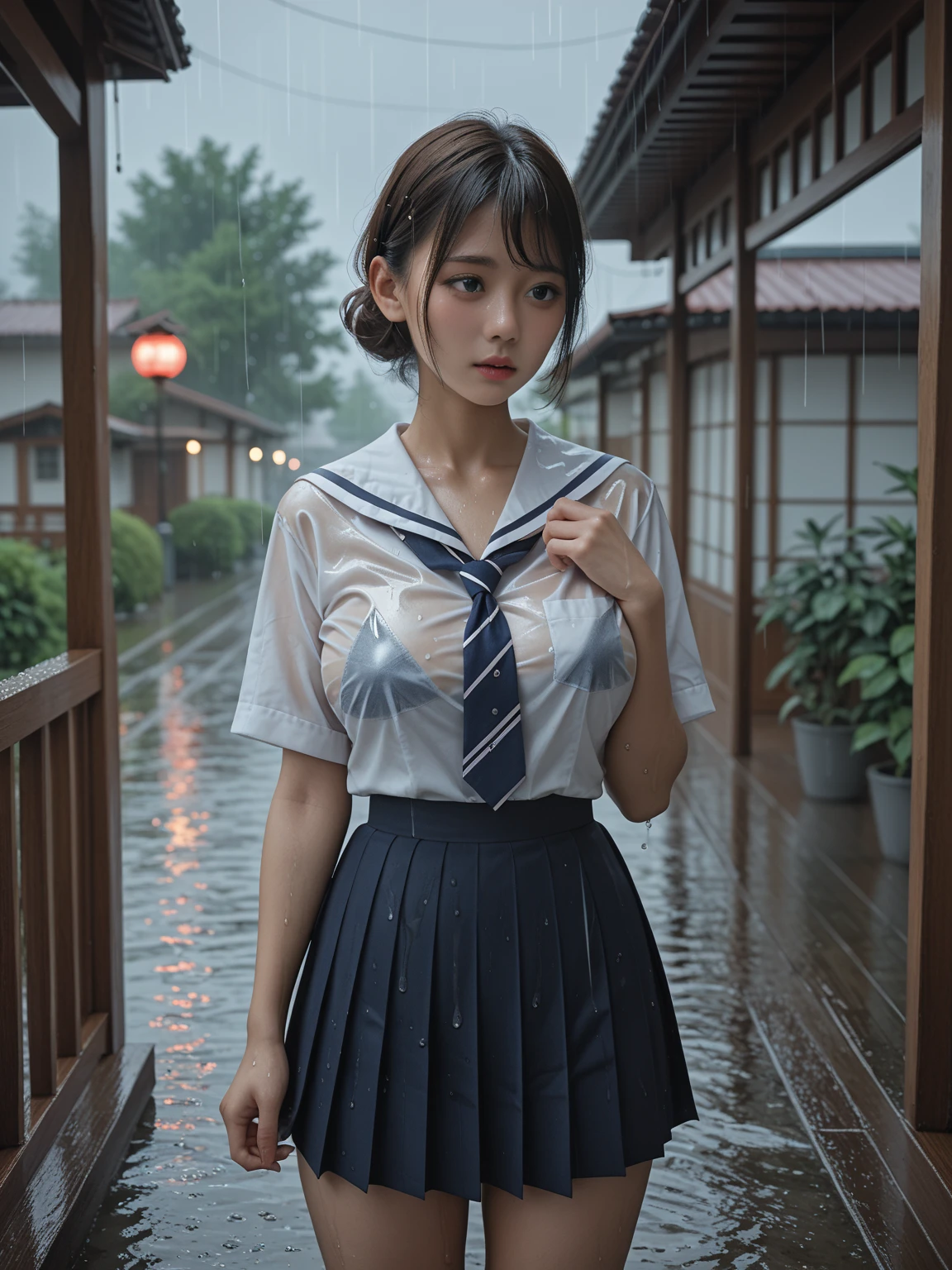 最high quality、high quality、Best image quality、8k、最High resolution、High resolution、最high quality、masterpiece、RAW Photos、whole body写真、Detailed and realistic human body、Detailed and realistic skin、Realistic face in every detail、Realistic reproduction of every detail、Detailed and realistic lips、Detailed and realistic teeth、Detailed and realistic ears、Detailed and realistic hair、Detailed and realistic weapons、Realistic reproduction of every detail、Realistic fingers in every detail、(Beautiful Hands、thumb1reference4)、Realistic feet down to the last detail、Realistic feet down to the last detail、Realistic breasts down to the last detail、Realistic areola down to the last detail、Realistic nipples down to the last detail、((beautiful Japanese girl))、(Japanese model), (Japanese woman)、((18 year old beautiful girl))、(Black Hair)、(Straight hair)、(ponytail)、((whole body))、((Beautiful upturned breasts))、(Slim and slender、Stylish slim body)、(whole body光沢肌、Fair skin)、Detailed and realistic human body、Detailed and realistic skin、Realistic face in every detail、Detailed and realistic weapons、Realistic fingers in every detail、Detailed realistic feet、Realistic breasts down to the last detail、((dark cold stormy weather))、((Pouring rain))、((heavy rain))、((School Playground))、Sailor suit、Sailor Skirt、Junior School、high school student、Japanese 、((Pouring rainの中(A girl standing in the center of the schoolyard))、((Wet and see-through(クロップトップSailor suit、ミニSailor Skirt))、((performance(sorrow、dark、Lament、Watery eye))、((Pouring rainを浴びて(Soaked skin from head to toe))、((Rain dripping from the skin))、((Her body lines are clearly visible through her uniform.(Wet and sticking to the skin.))、((Rainwater dripping from the uniform))