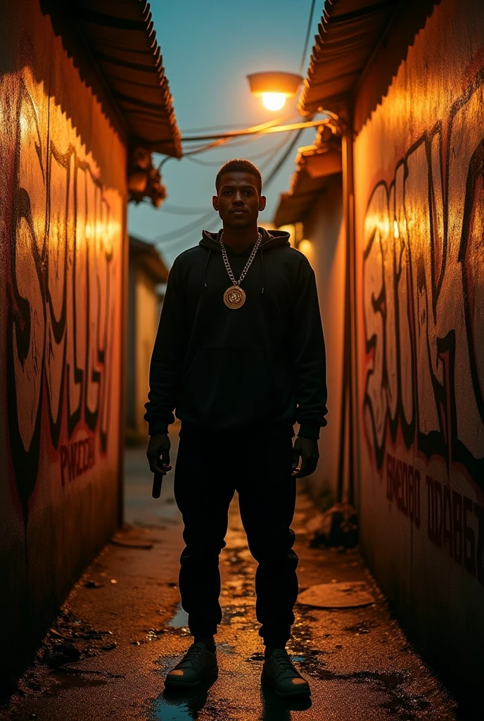 I want a black boy with curly hair,wearing a sweatshirt with 4BLOCC written on it, inside an alley holding a bag and a gun on his waist, I want there to be blocks of buildings in a favela in the background, and it has to seem like it has some , he is wearing a nike jordan on his feet and chains around his neck, a pendant with the word DG written on it.
I want him to look sad and resentful., the written color 4blocc purple, I want a tattoo on my hand scribble 4blocc, I want it to be night, and that there are people walking on the street,