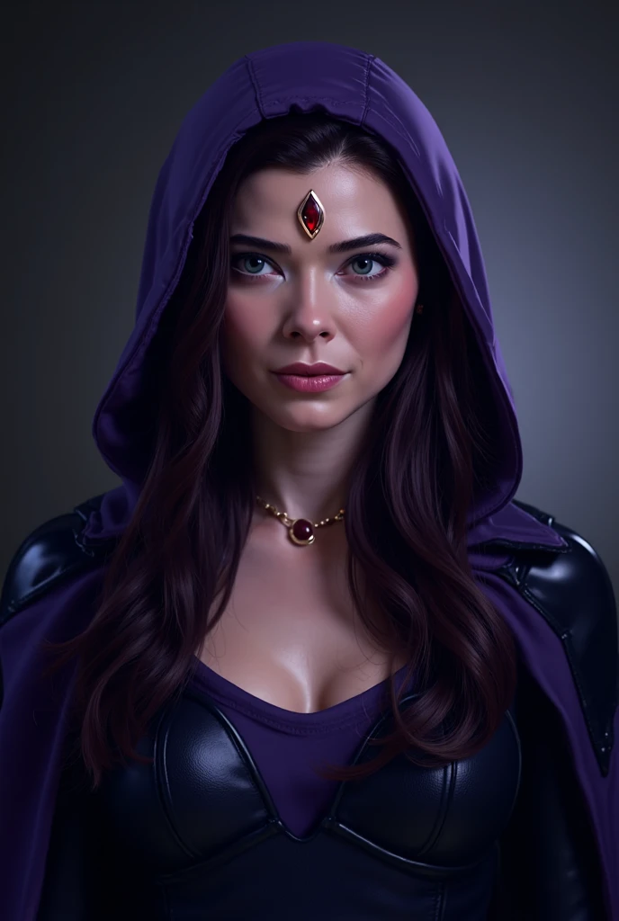 A female ranger wearing brown leathers with a purple hood, detailed yellow eyes, ((yellow eyes)), purple lipstick, short black hair swept back, hair tied back, fantasy ranger, purple hood, intense dangerous expression and smile. Detailed hands. ((Detailed eyes)), ((Detailed face)). vibrant colors., high quality, high resolution, masterpiece, (High resolution), (high quality), (sharp focus), (best quality), cleavage. Show her walking through a dark dungeon, full body shot. pov from the side.